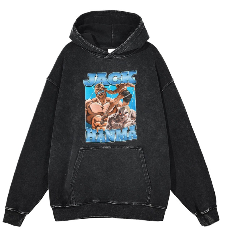 440g Heavyweight Washed Vintage Jack Hanma Anime Street Retro Cotton Hoodie - TT8342