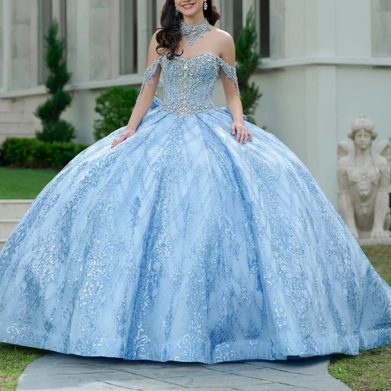 Sky Blue Shiny Quinceanera Dresses Ball Gown Off The Shoulder Sequin Applique Beading Crystal Bow Tull Sweet 16 Dress Vestidos 15 Anos