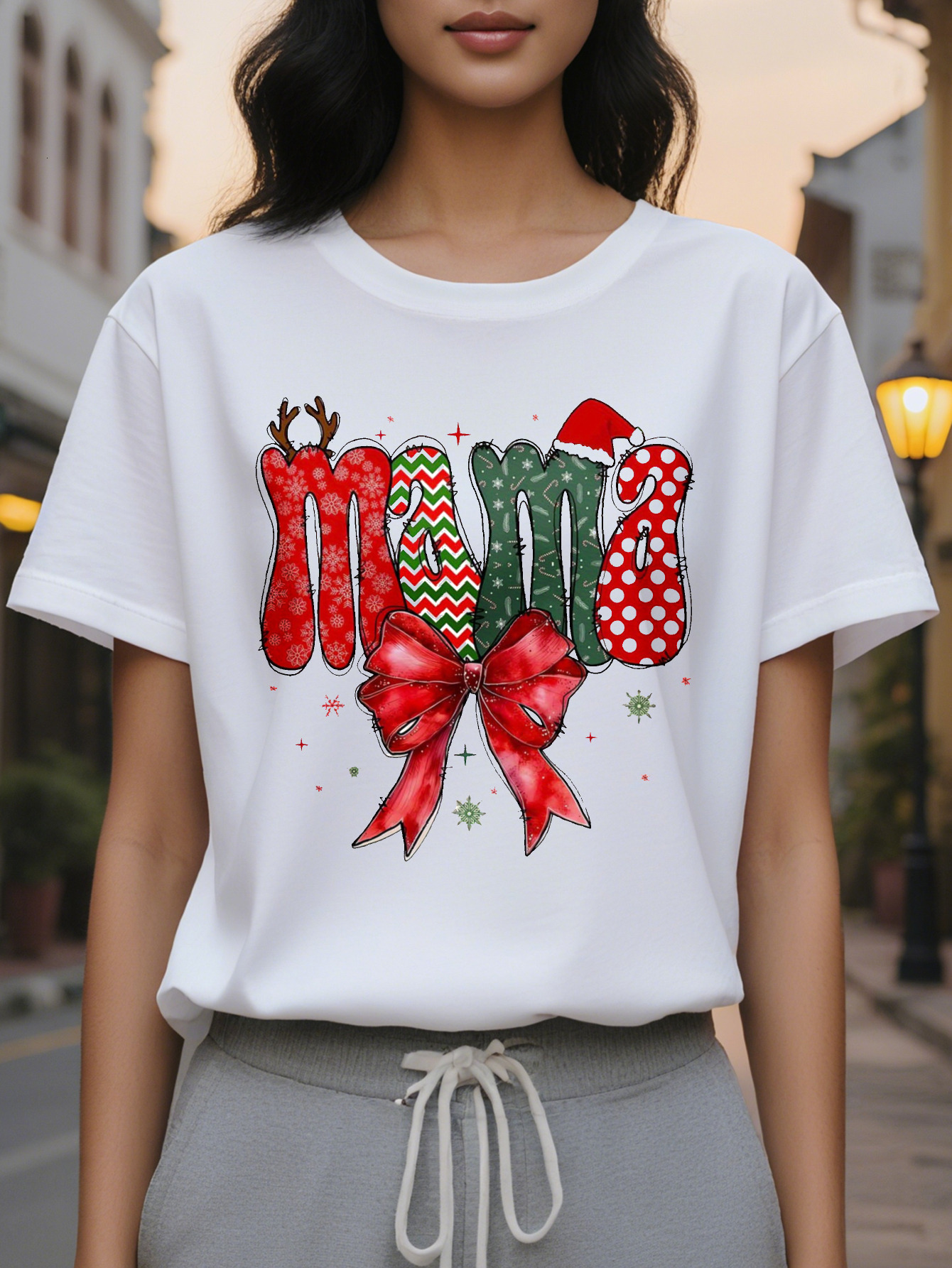 An elegant women's T-shirt with Mom Christmas letters, round neck, cotton knit, casual top for autumn and winter