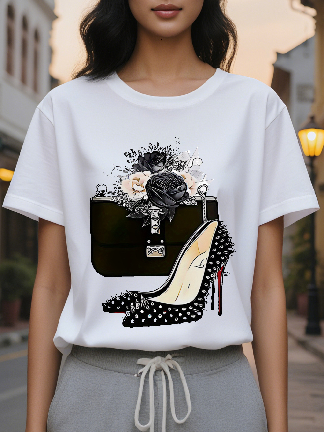 igh-heeled shoes printed T-shirt short sleeve round neck casual top suitable for spring and autumn women's clothing