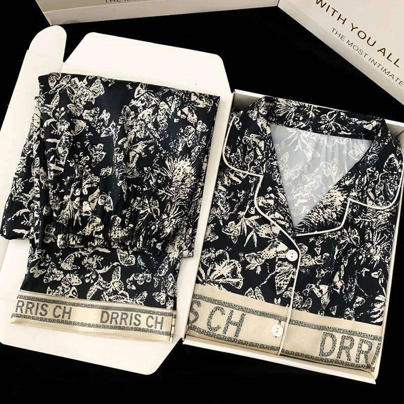 Spring And Autumn New Ladies Ice Silk Pamas Women Fashion Long-Sleeved Trousers Senior Sense Of Homewear Suit