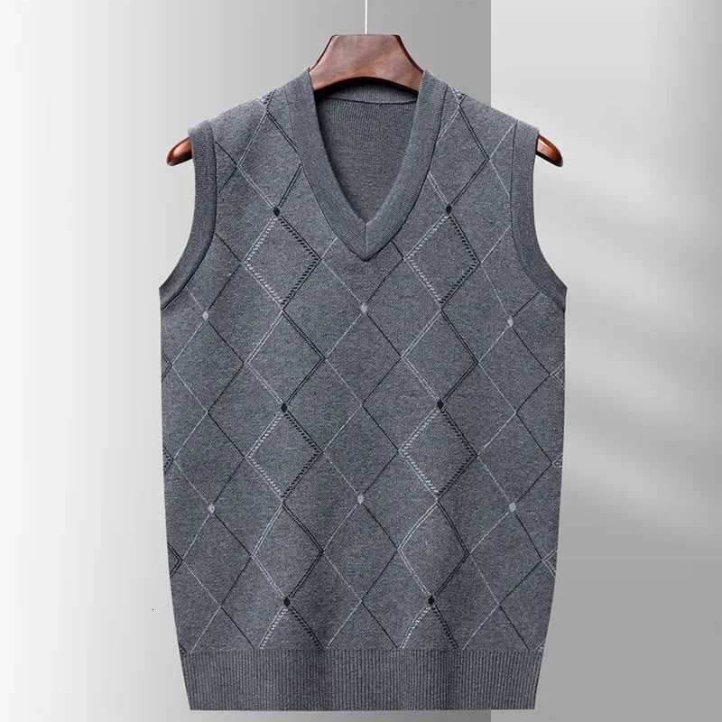 BROWON Mature Style Knitted Sweater for Men Spring and Autumn Sleeveless VNeck Collar Pullover Plaid Casual Men Sweater VestXJ250904