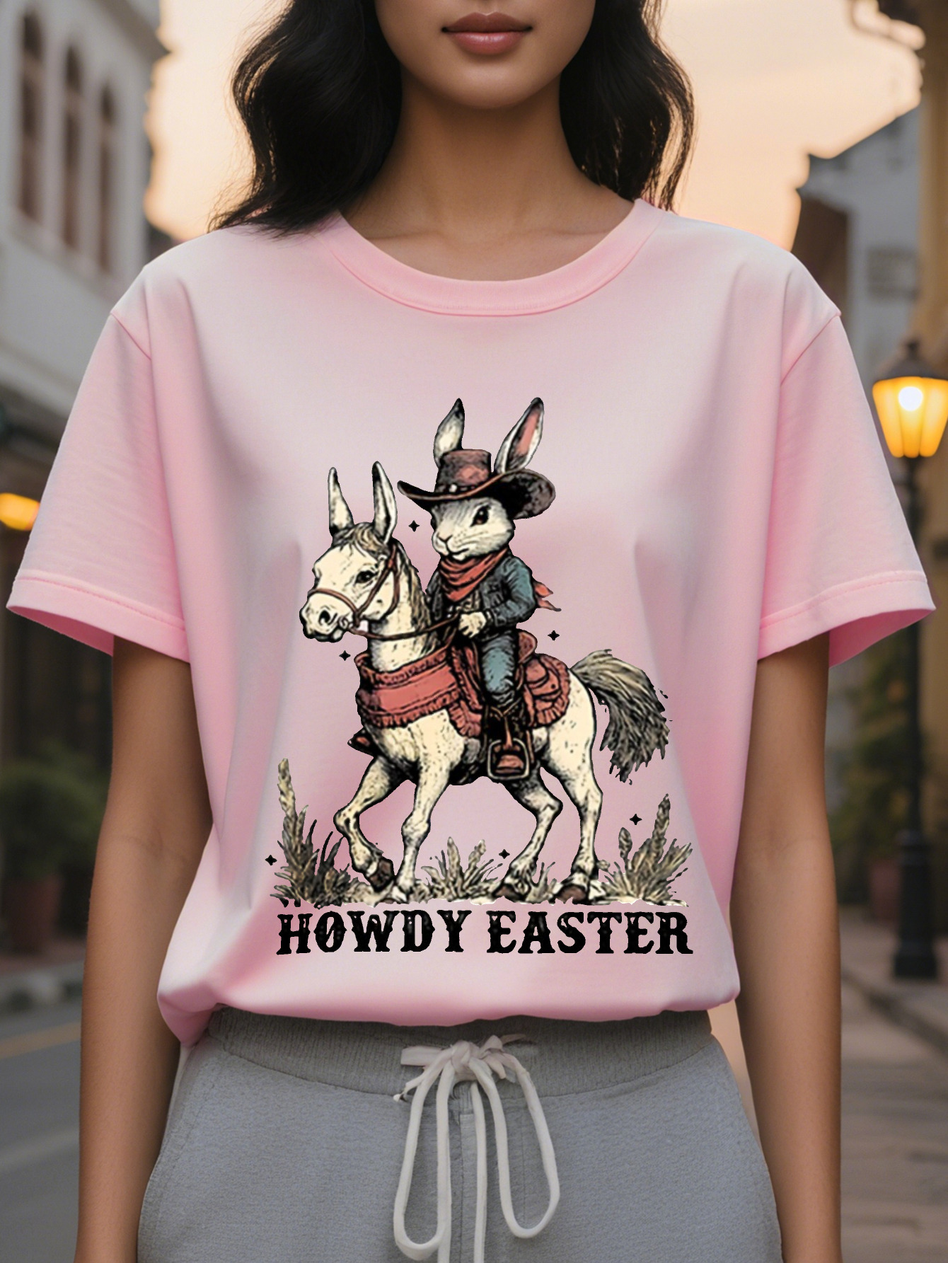 Howdy Easter Pattern Printed Women's Short Sleeve T-Shirt Light Gray Round Neck with Denim Rabbit Design Comfortable