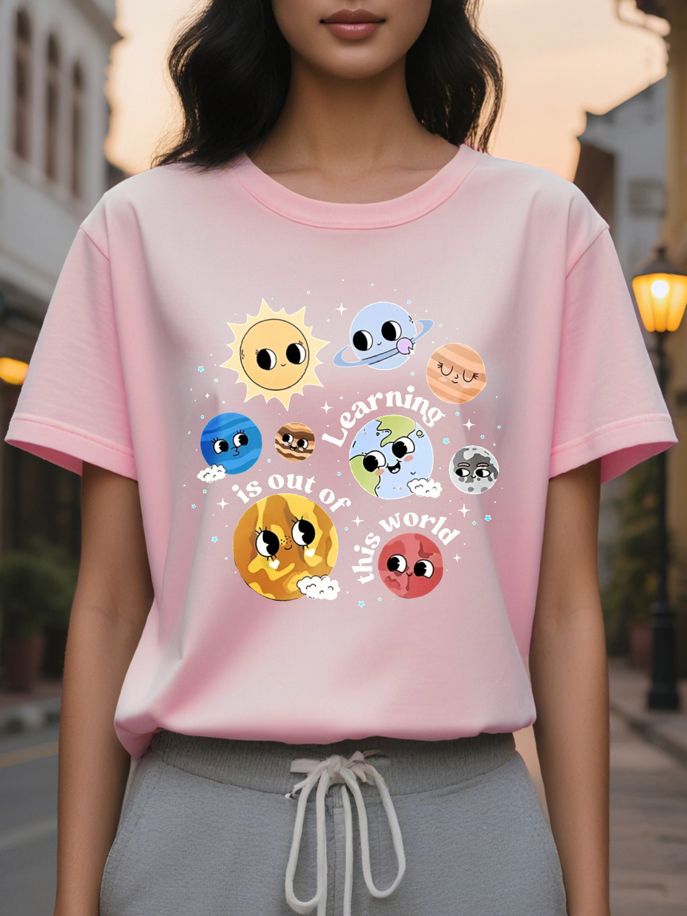 Planet Print Crew Neck T-shirt Short Sleeve Casual Top for Spring Summer Women's Clothing