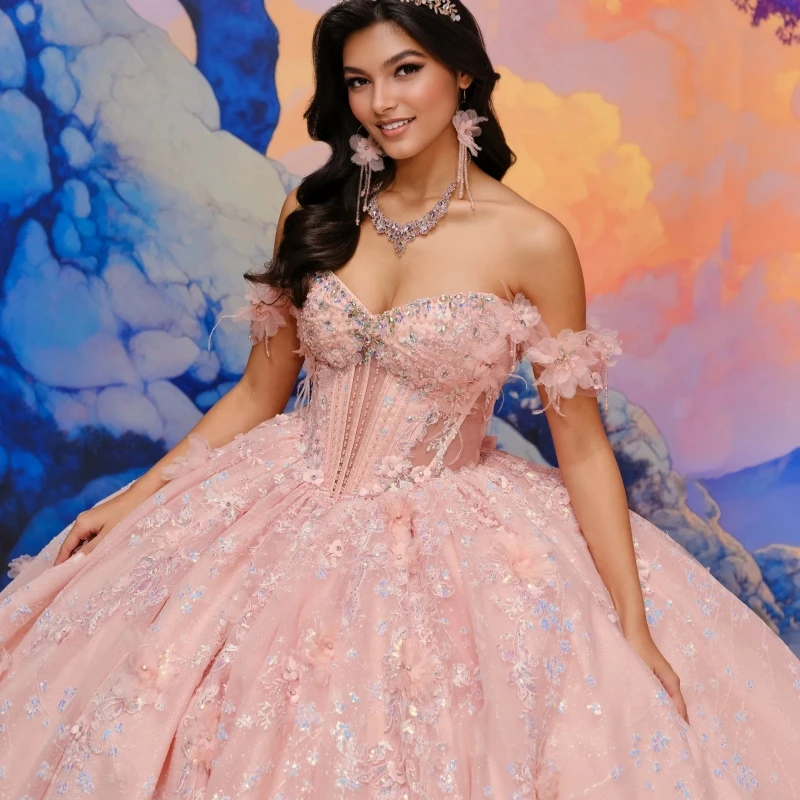 Pink Shiny Quinceanera Dresses Ball Gown Off The Shoulder Sequin Applique Flower Beads Tull Sweet 16 Dress Vestidos 15 De Anos