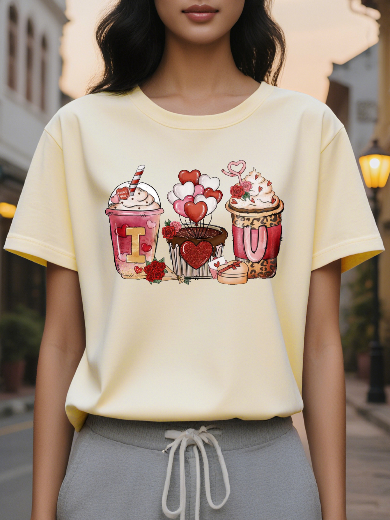 Valentine's Day Coffee Pattern Short Sleeve T-Shirt Women's Round Neck Casual Top Love Letter Printing Medium Stretch