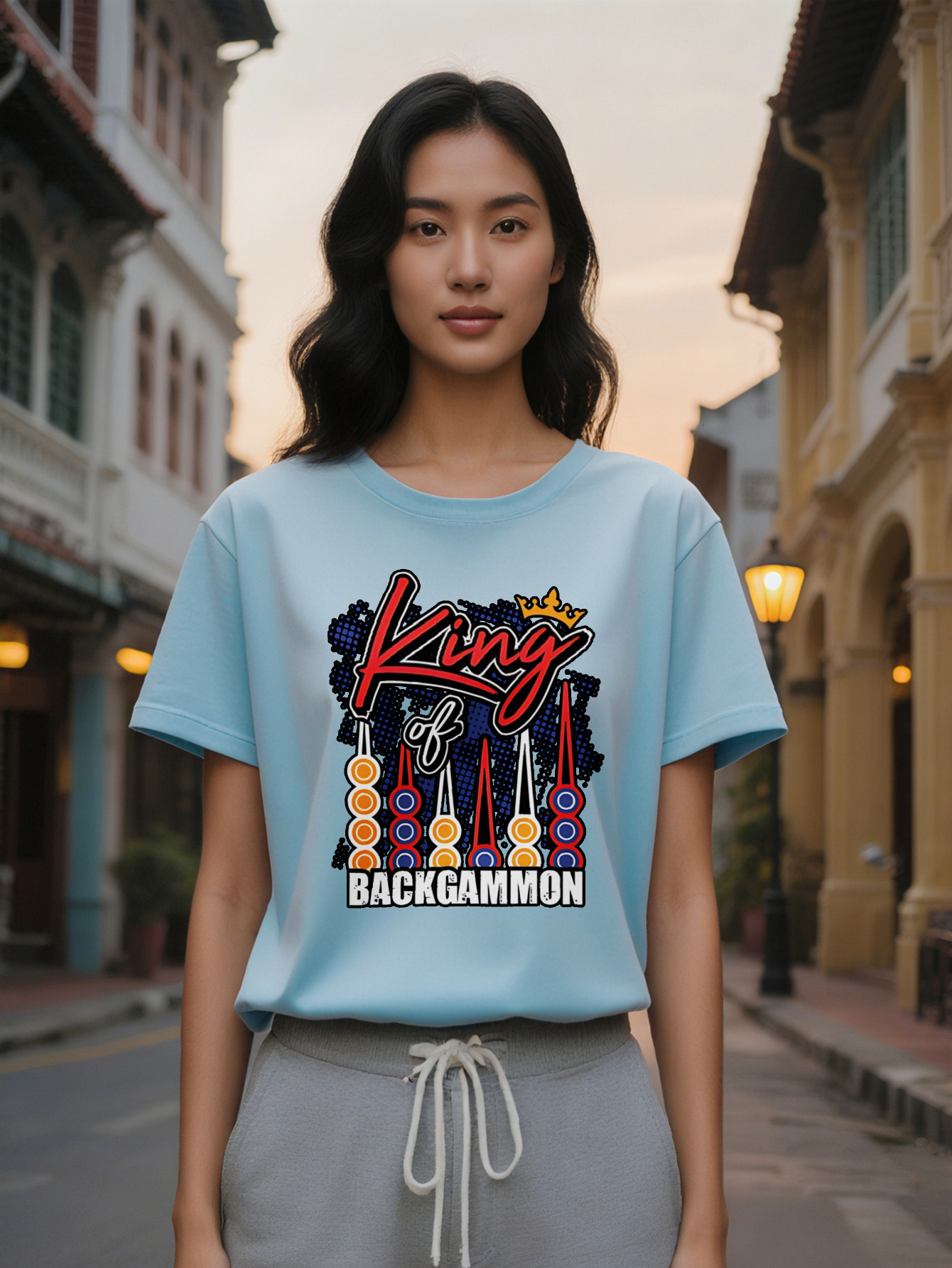 Large XL Casual King of BACKGAMMON Print T-Shirt Black Crew Neck Tee with Crown Swords Design Gaming Themed Apparel Perfect Plus Size