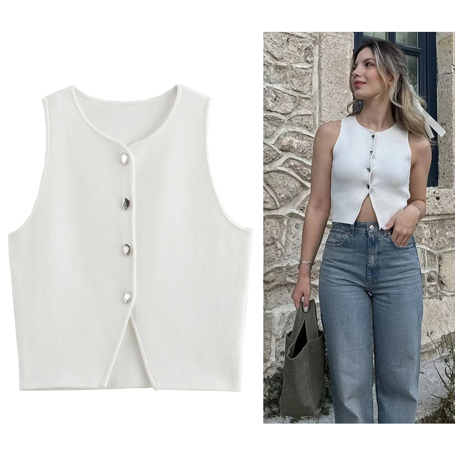 TRAF White Knit Crop Top Women Button Short Tops Woman 2024 Summer Tanks Camis Tops for Women Streetwear Vest Tank Top Female