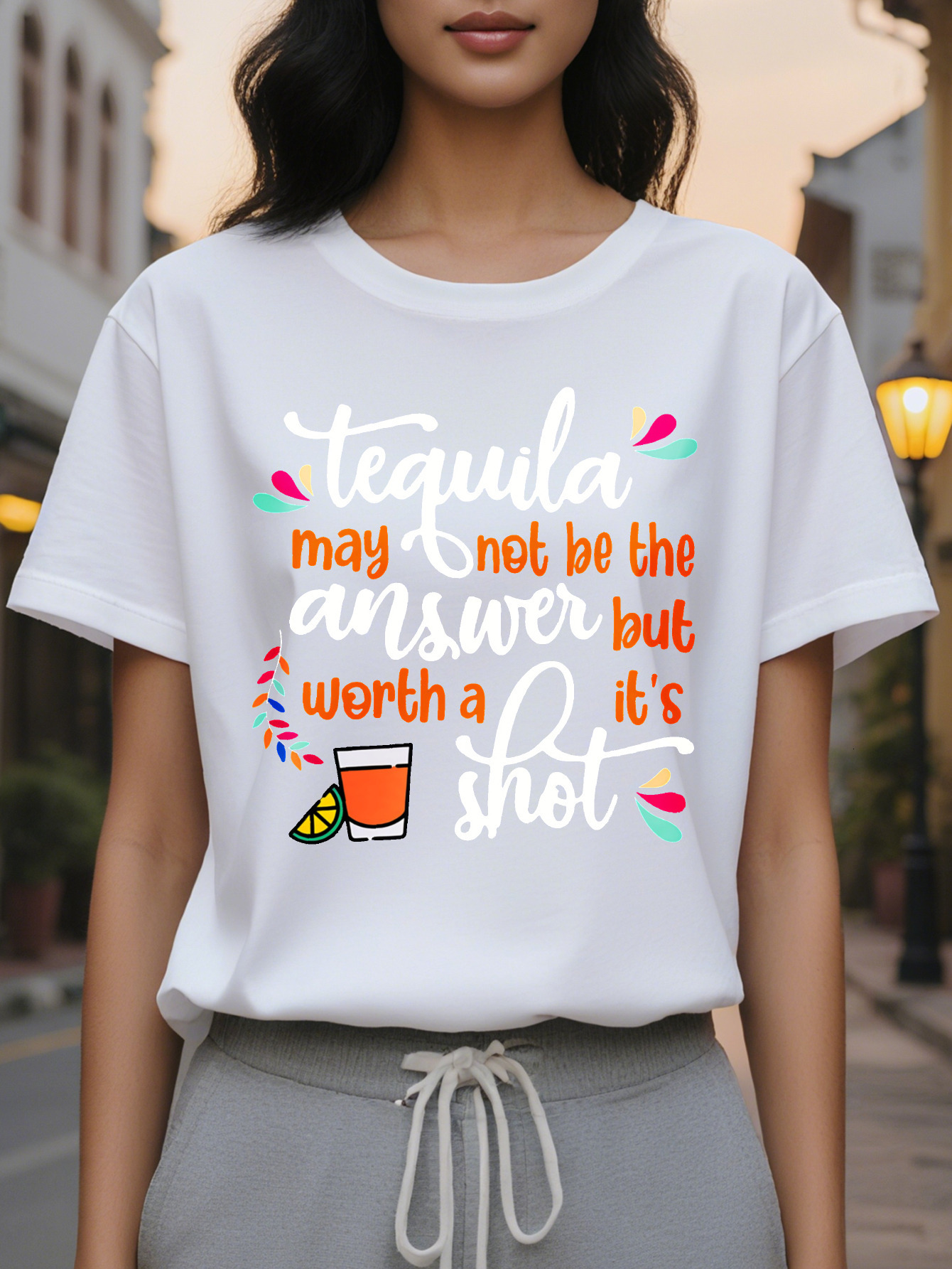 Large XL Drinking Themed Printed Women's Spring and Summer Outfits Combined Edition Round Neck T-Shirt Plus Size