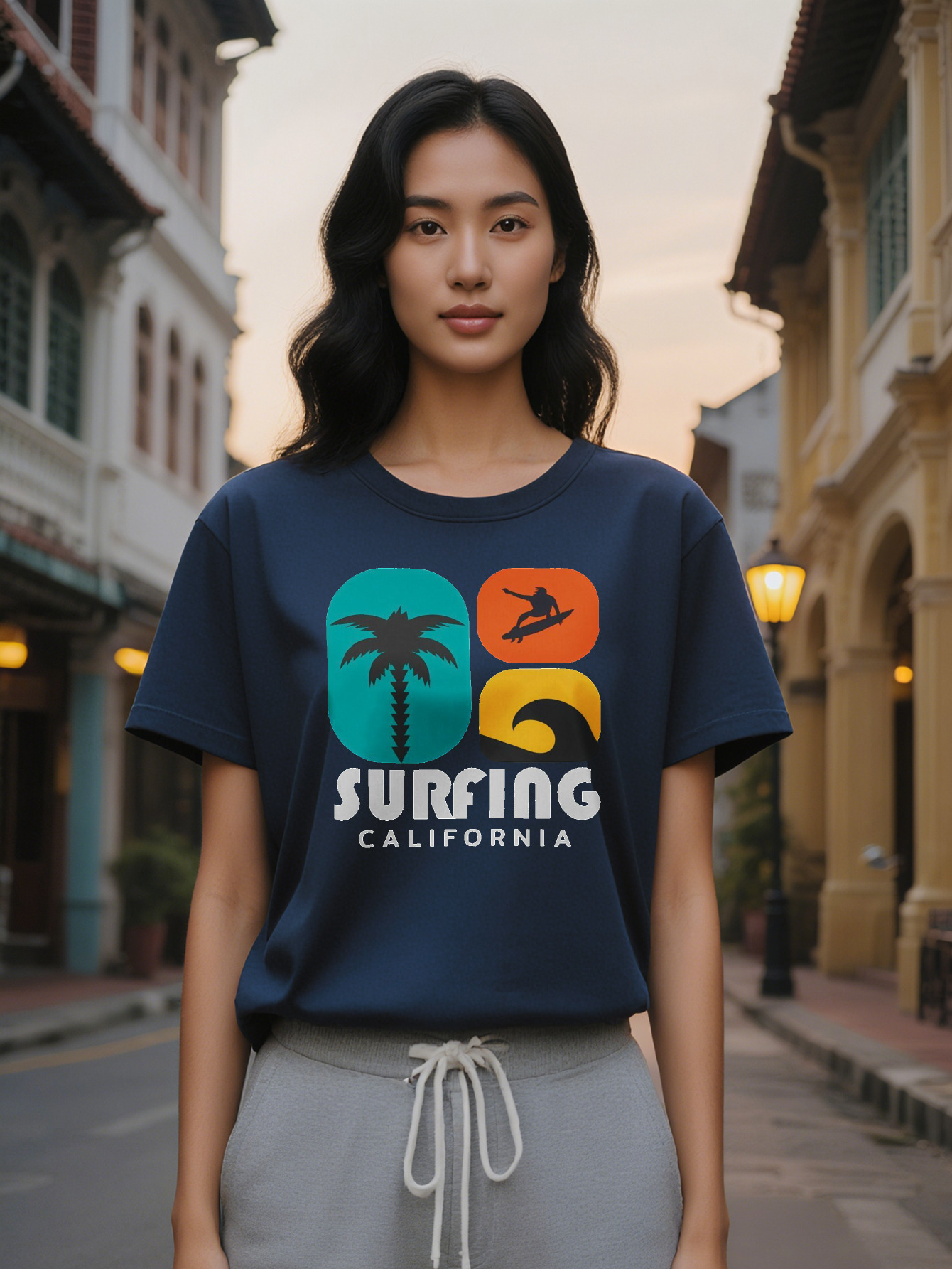 Large XL Lady Surfing California Graphic Print Round Neck T-Shirt Pure Cotton Lightweight Summer with Vibrant Surf Themed Plus Size