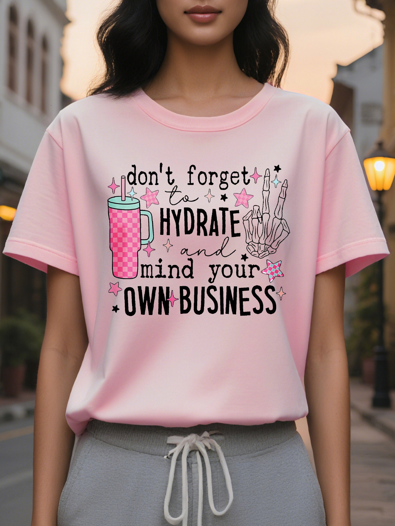 Ladies Don't Forget to Replenish Water Take Care of Yourself Pattern T Shirt White Short Sleeved Round Neck Jacket