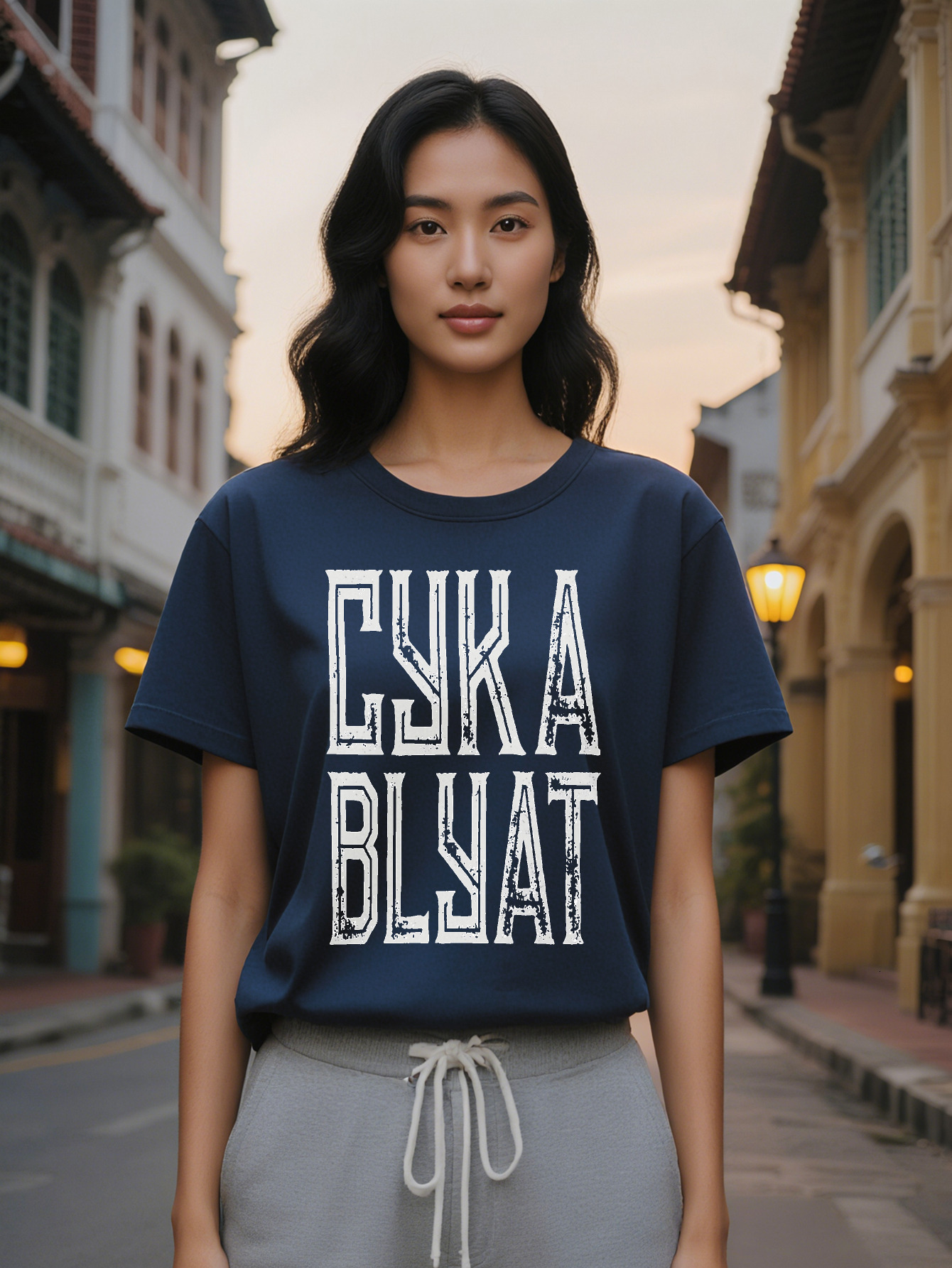 Large XL Lady Casual Crew Neck T-Shirt with Gyka Blyat Print Black Stretch Fabric Regular Fit Summer Style Ideal Gift for Plus Size