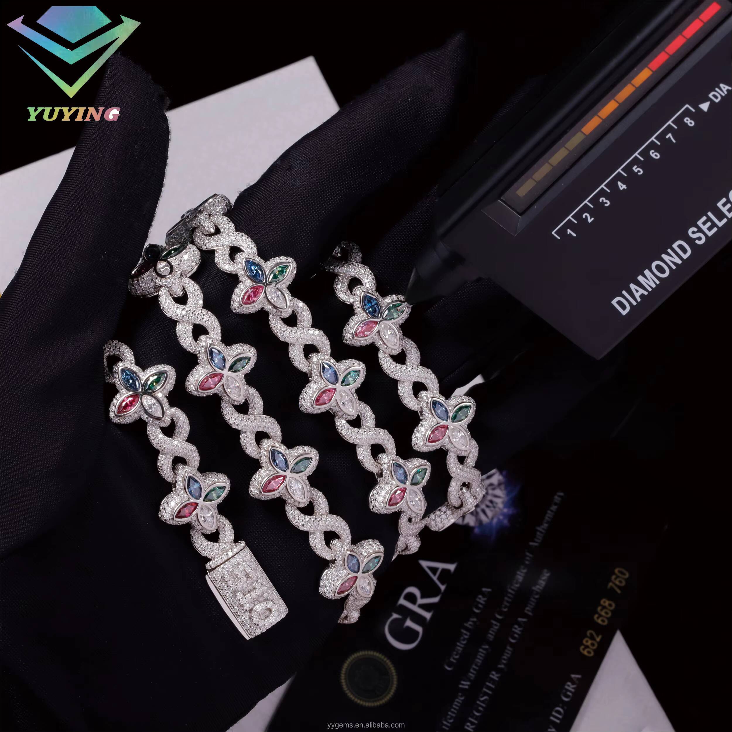 Yu Ying Mixed Colored Moissanite Diamonds 18K Gold Plated 925 Sterling Silver Four Leaf Clover Infinity Cuban Link Chain Jewelry