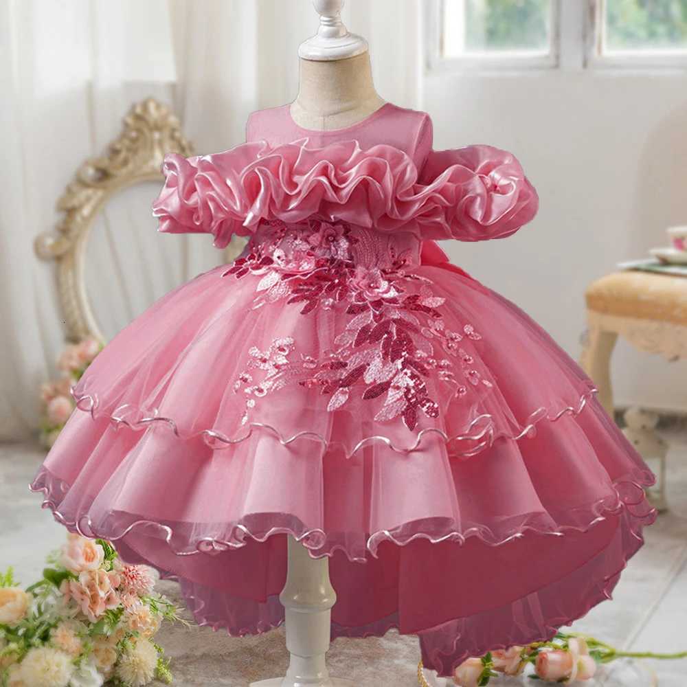 Fashion Pink Flower Girl Party Dresses Wedding Birthday Tulle Princess Dress for Kids Graduation Pageant Bridesmaid Kids Costume Z250904