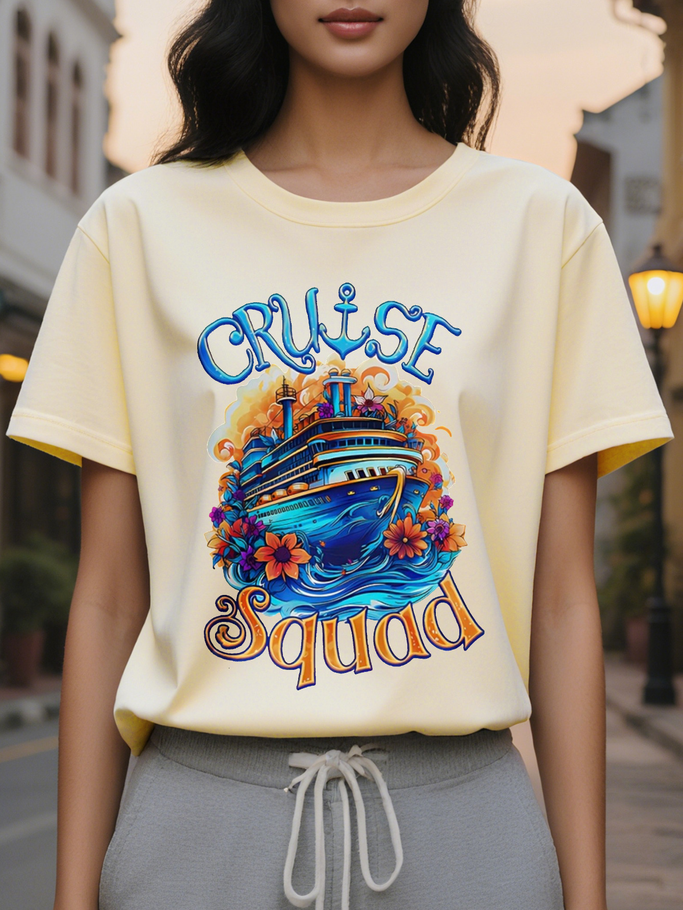 CRUISE American Printed Pattern Spring and Summer New Fashion Round Neck T-shirt Slim Fit Slimming Women's Short Sleeve