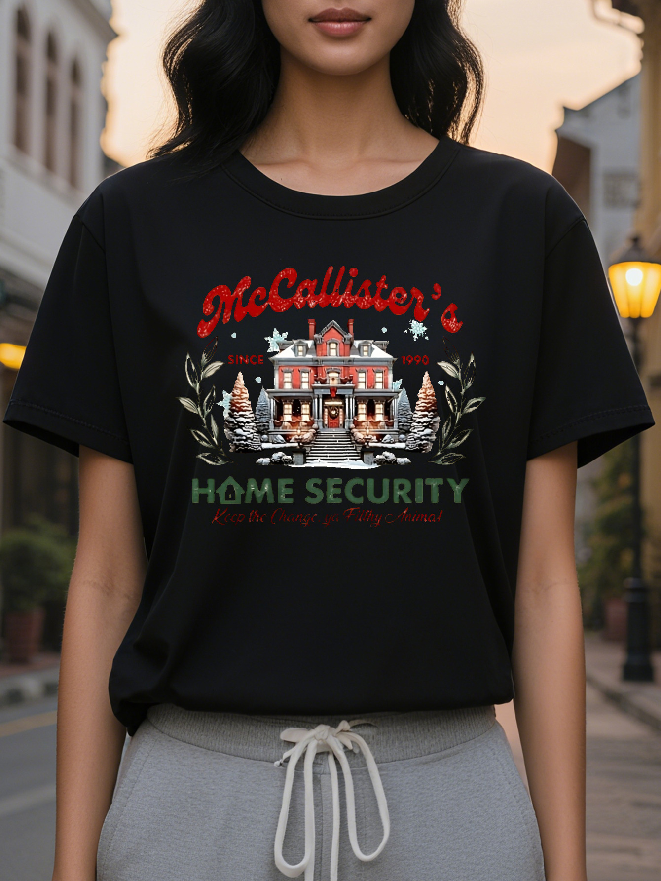 Women Cozy Crew Neck with Festive McCallister S Home Security Graphic Beige Holiday Themed Design Allseason