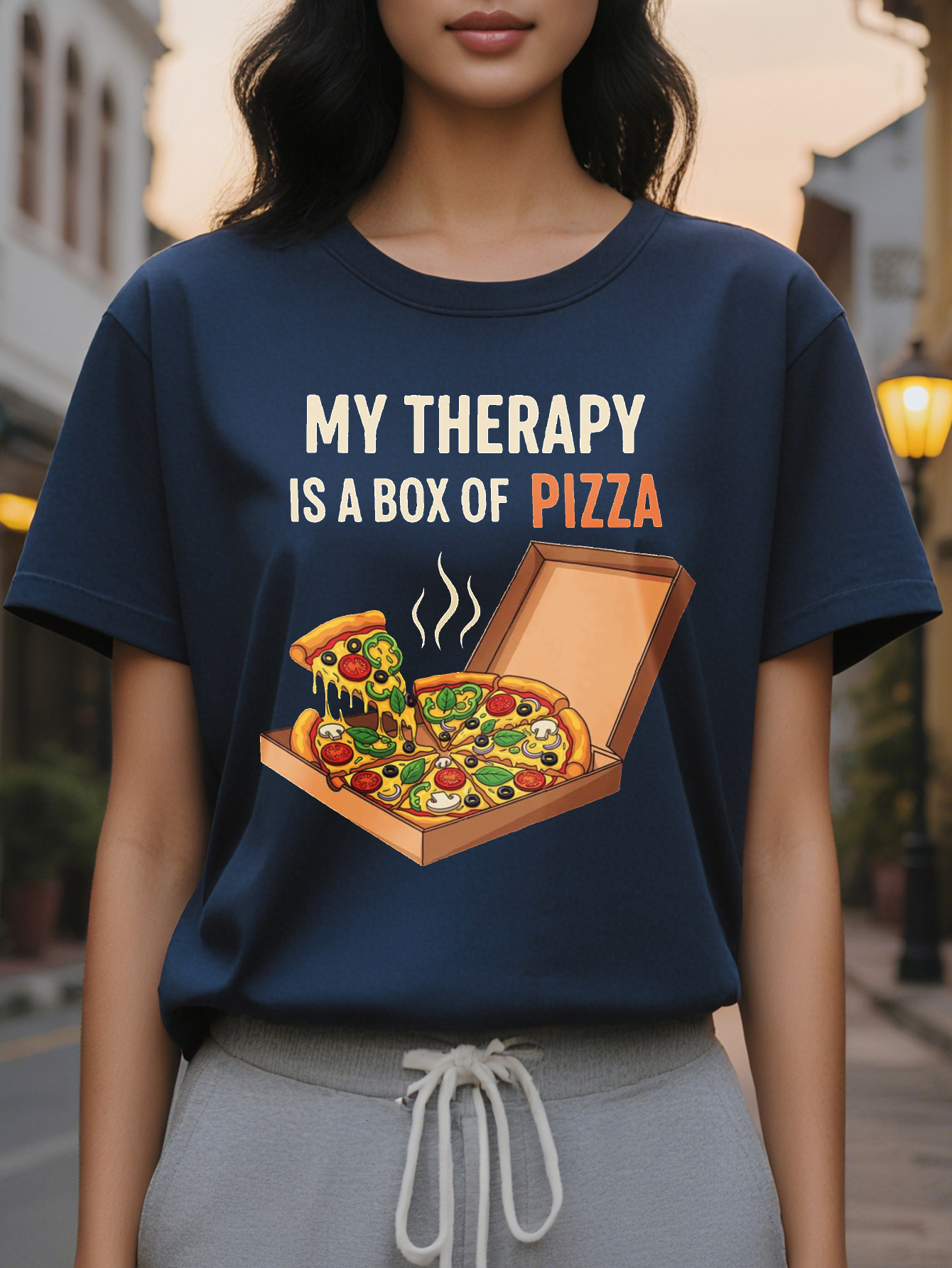 Fun Pattern Ladies My Relaxation is Box Sayings Black with Orange Letters Light Summer Casual Daily T-Shirt for Pizza