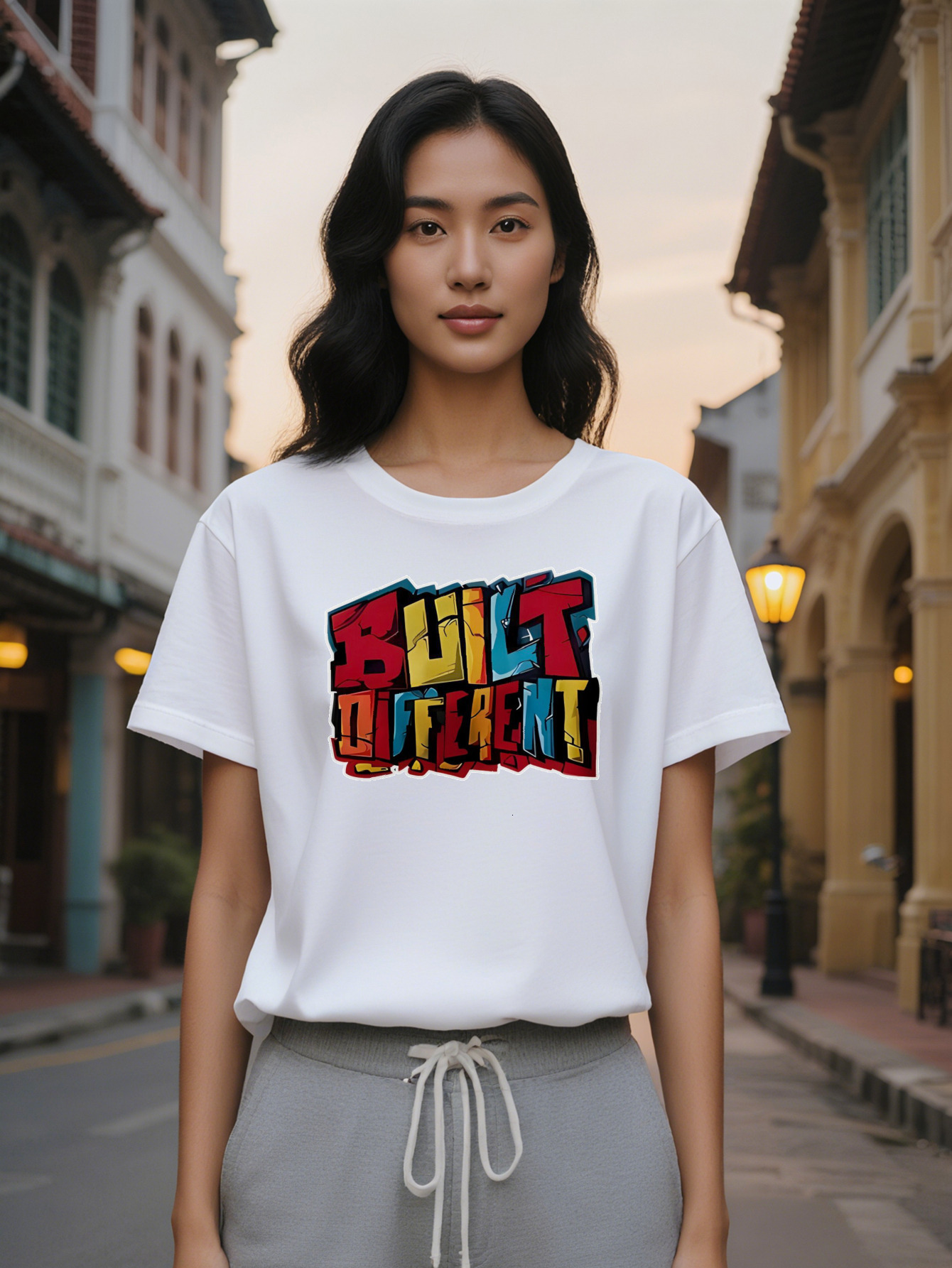 Lady Casual Crew Neck T-Shirt with BUILT DIFFERENT Graphic Print Black Summer Streetwear Regular Fit Perfect Gift