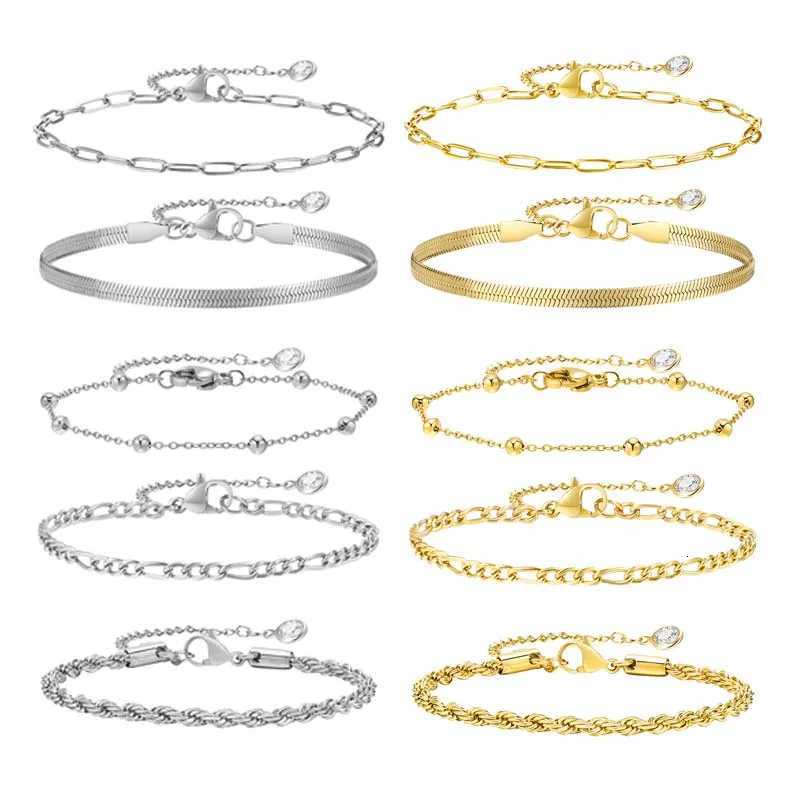 5PCSSet Women GoldSilver Color BraceletsStainless Steel Lady Geometric Fashion Charm ChainMulti Layers Dainty Girl Jewelry W250904