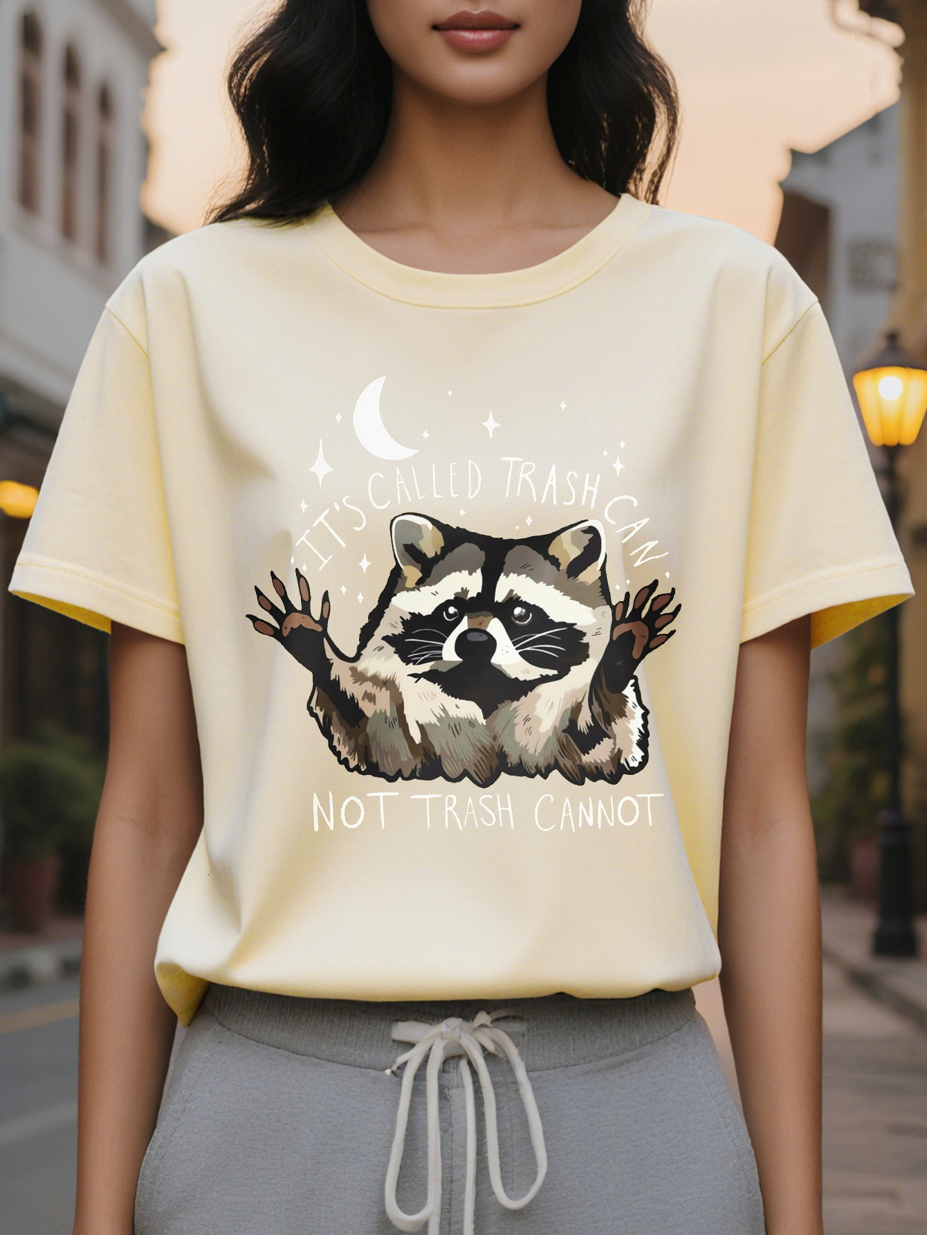 Large XL Women's Casual Fitted Round Neck T-Shirt Humorous Trash Can Graphic Print Gray Medium Stretch Washable Summer Plus Size