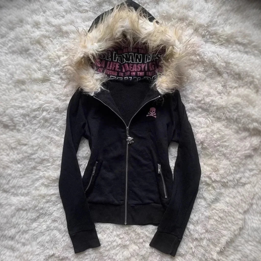 Gothic Style Hooded Cardigan Letter Print Womens Thickened Winter Coat Fur Collar n Y2K Japanese Zipper Jacket 250904