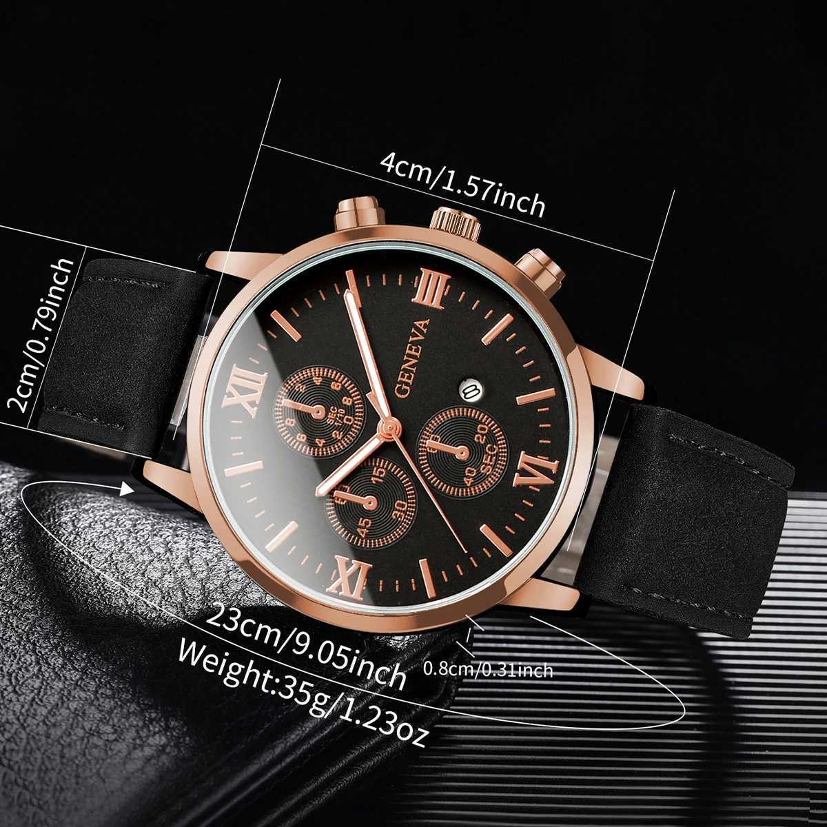 4pcsset Mens Handse Watch Simple Ran Sc Three Eye Dial Mens Cndar Leather Strap Quartz Cbination Watch No Box X250904