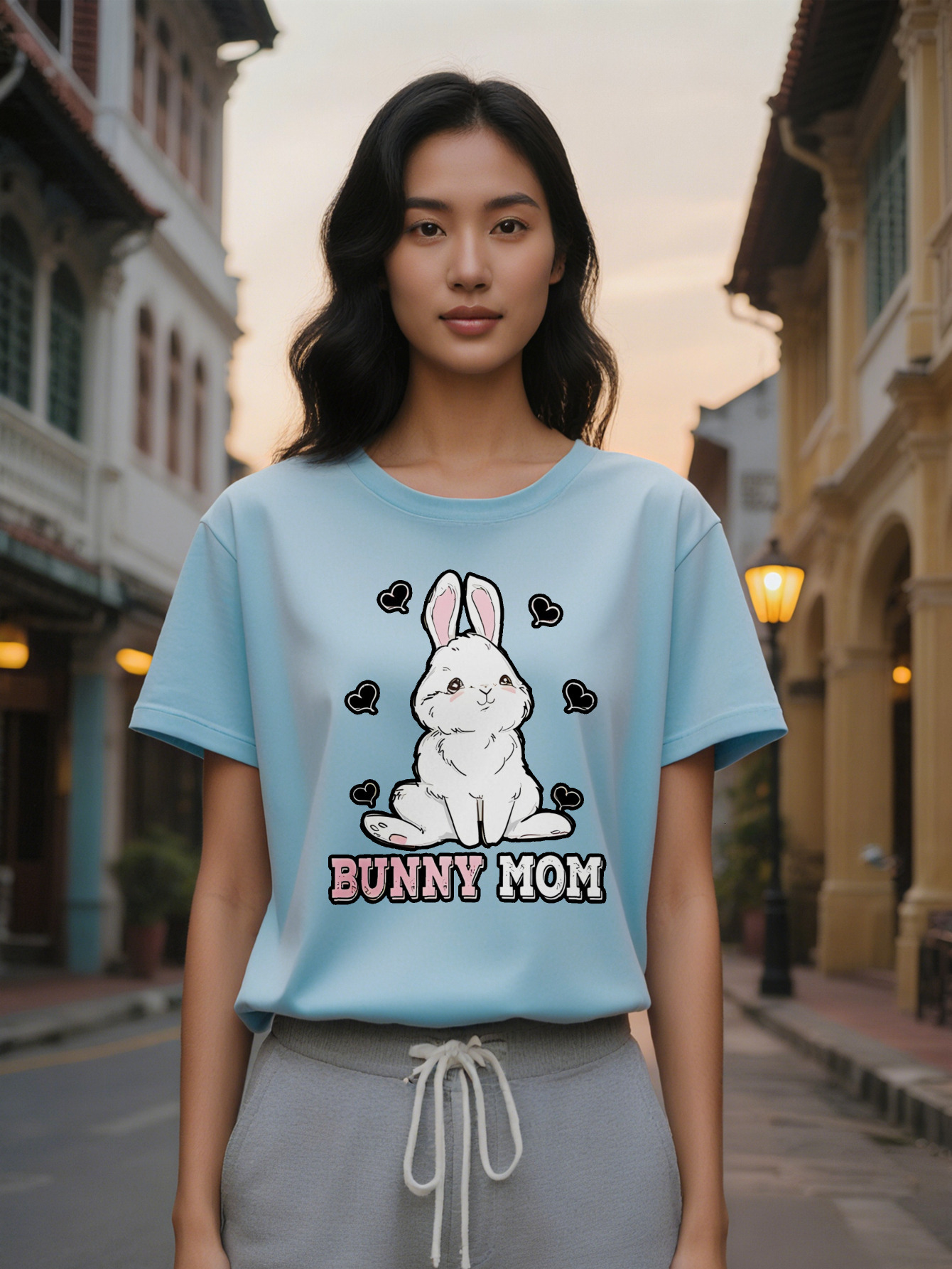 Large XL Women's Casual Versatile Round Neck T-Shirt with Rabbit Heart Print Design, a Great Gift for Women Plus Size