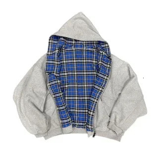 American street casual simple temperament blue plaid hooded cardigan mens autumn fashion doublesided n sweatshirt jacket 250904