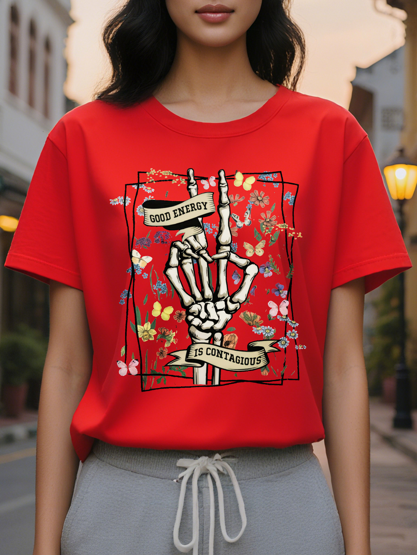 Large XL Women's Graphic T-Shirt Skeleton Hands Floral Back Dark Gray Everyday Halloween Party Tee Washable Casual Top Plus Size