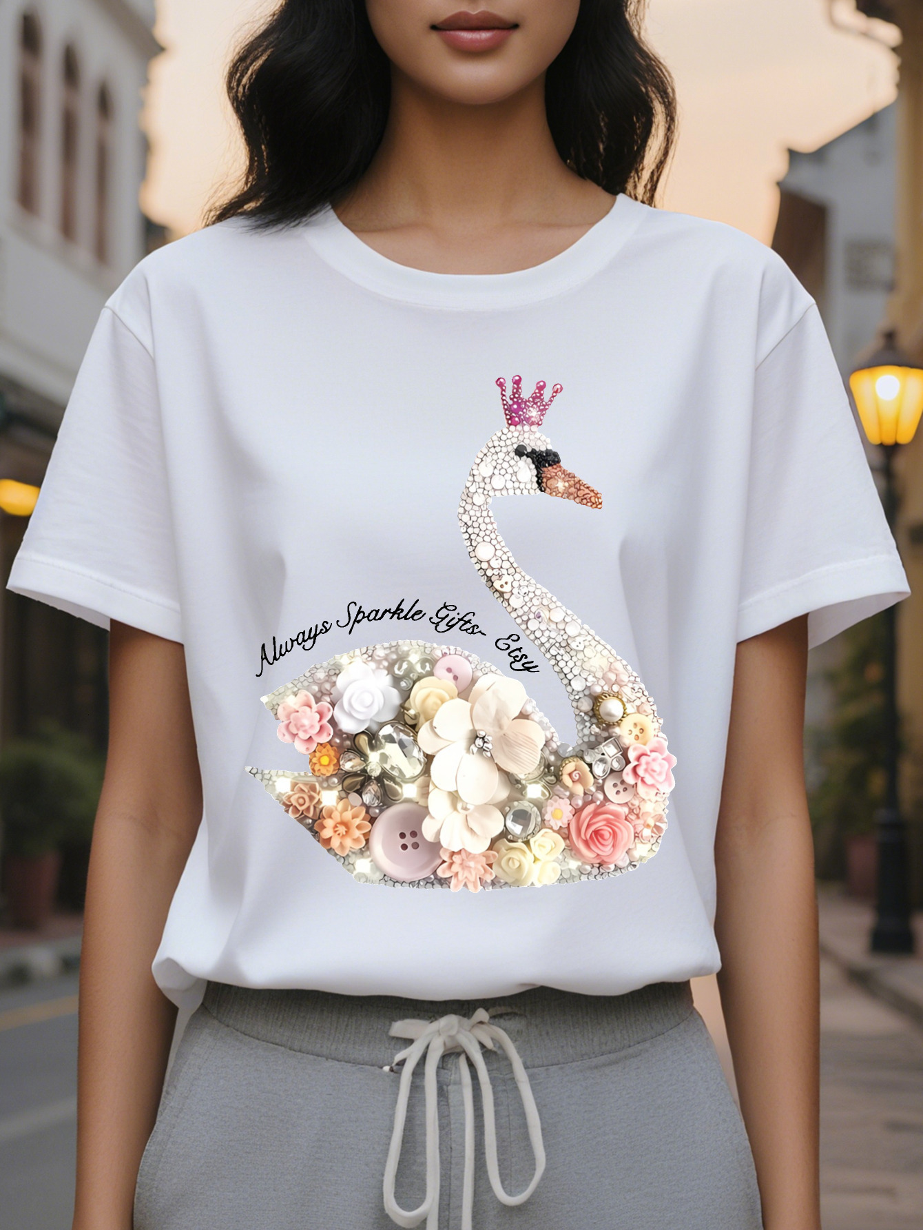 Women S White T Shirt with Sparkling Swans Floral Print Short Sleeve Round Neck Casual Top Soft Cotton