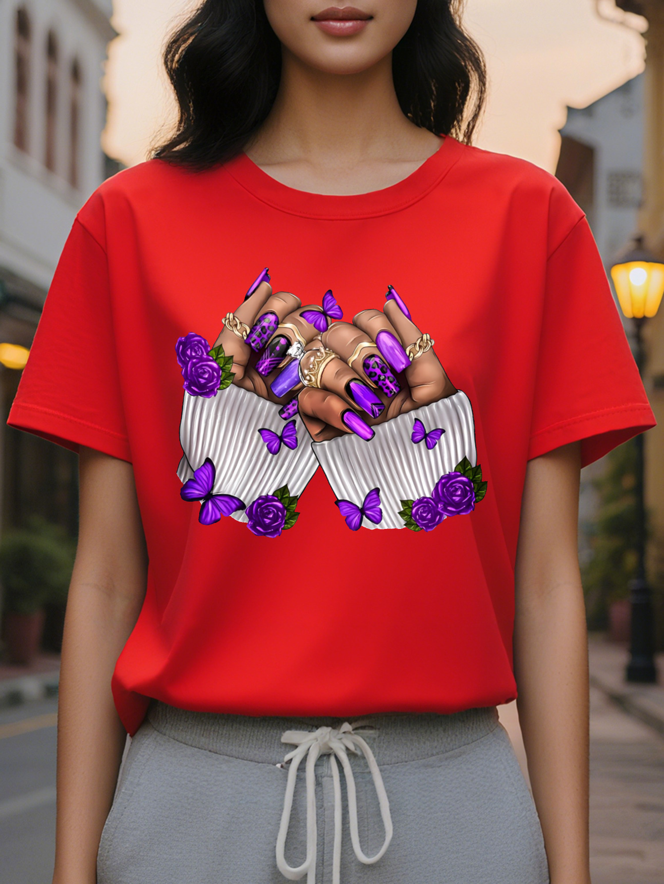 Large XL Women's Purple Butterfly Rose Nail Art Print Short Sleeve T-Shirt Casual Round Neck Summer Top Washable Plus Size