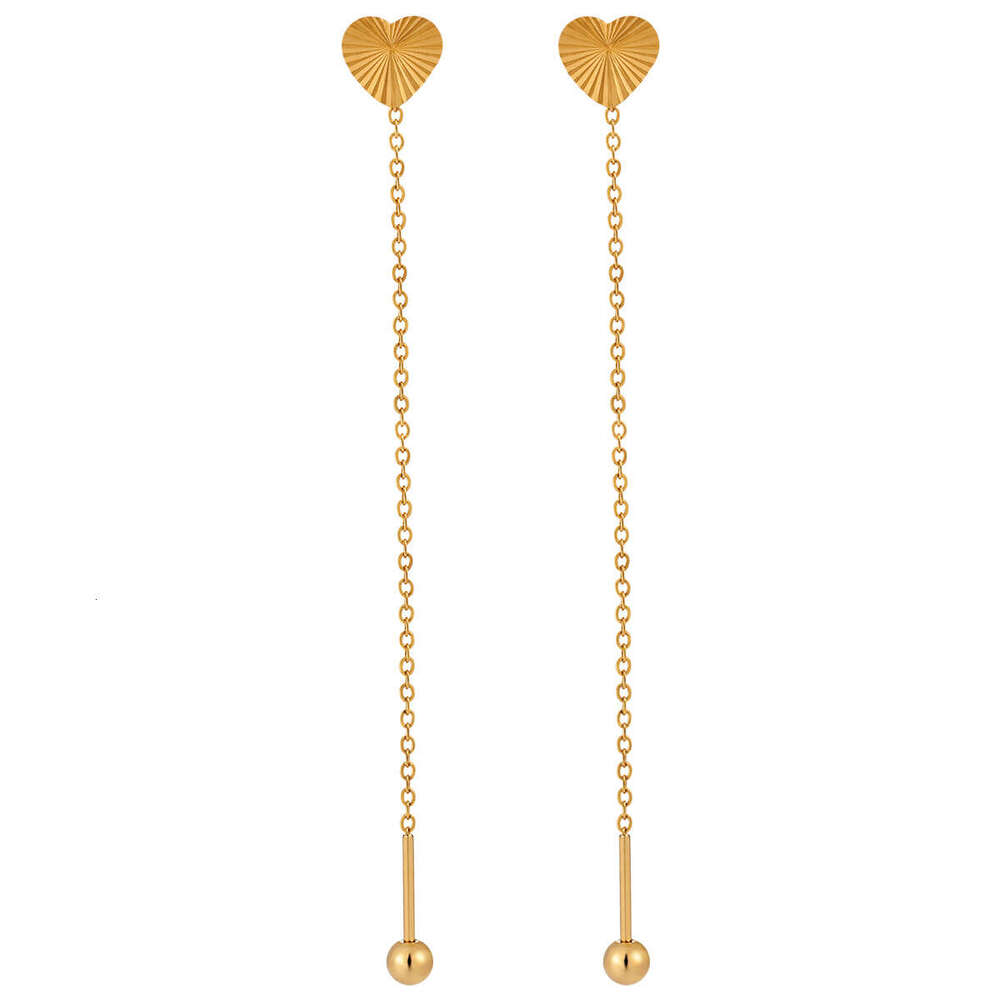 Korean Style Niche Design Simple Laser Surface Heart Ear Thread Fashion Personality High-end Gold Titanium Steel Anti-loss Earrings