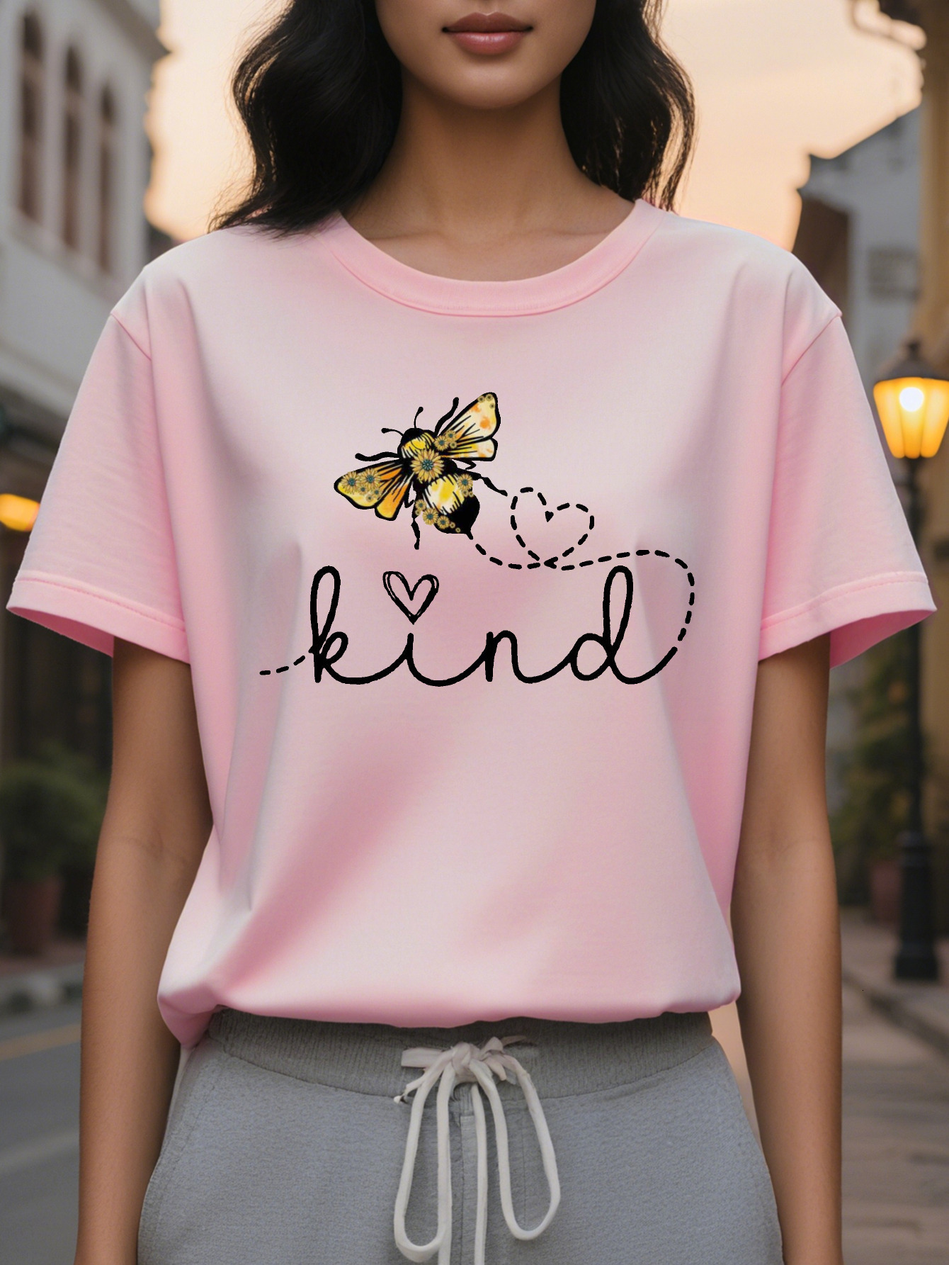 White Be Kind T-shirt Elegant Casual Daily Round Neck Shirt in Bee Pattern Style Positive Energy Women's