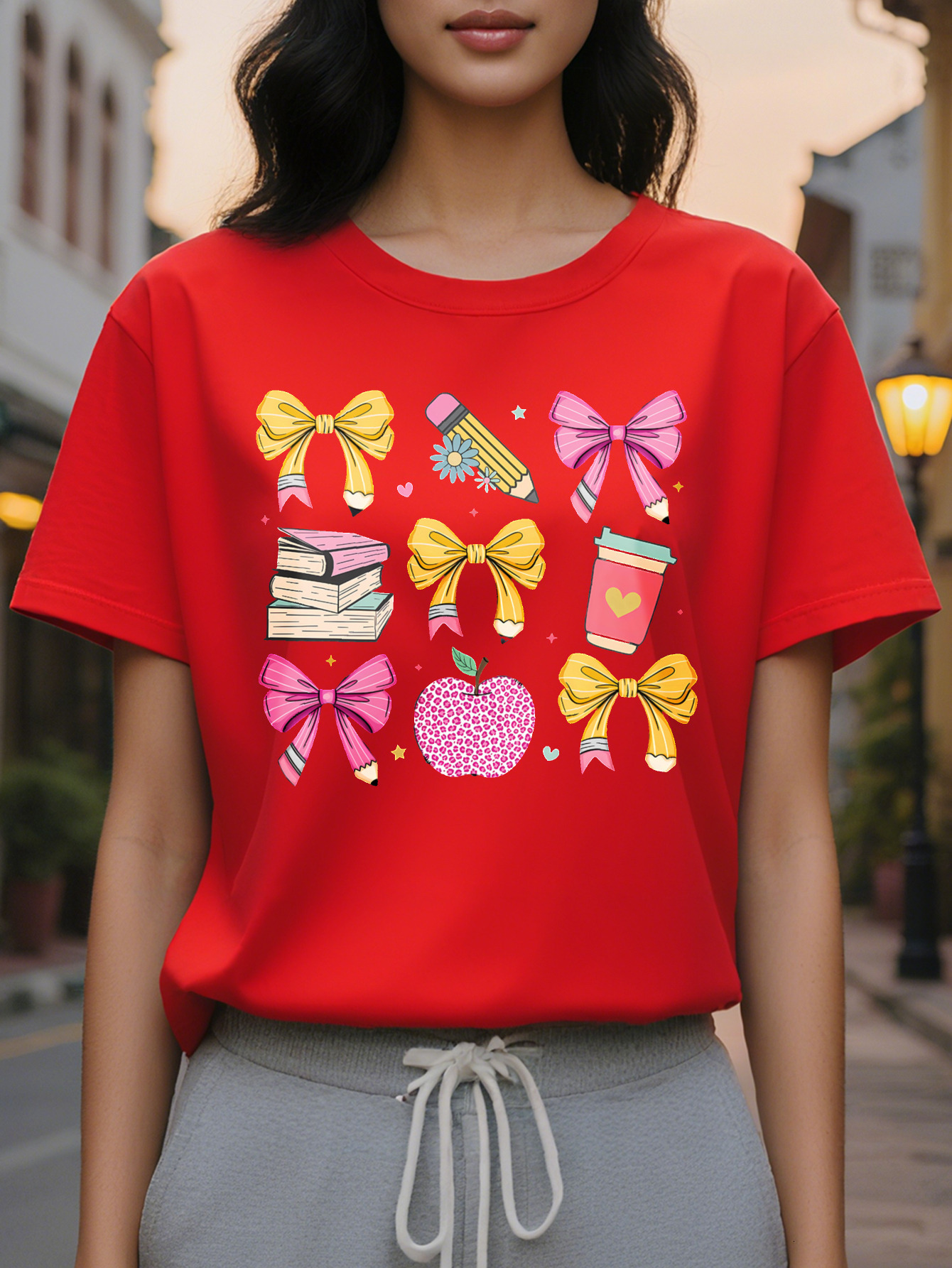 Women's Black Teacher Themed Short Sleeve T-Shirt with Pencil Apple Pattern and Polka Dot Bow Heart Shaped Details