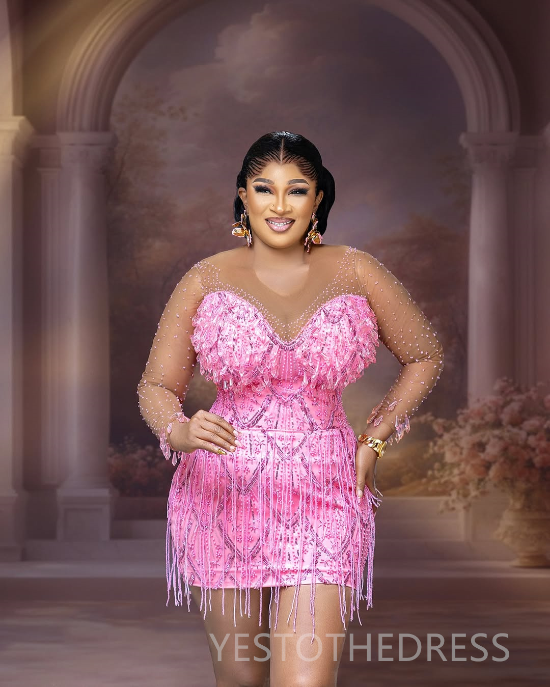 2025 Plus Size Pink Cocktail Dresses For Women Homecoming Dress Sheath Illusion Sheer Neck Long Sleeves Beaded Lace Crystals Tassel Prom Dresses For B