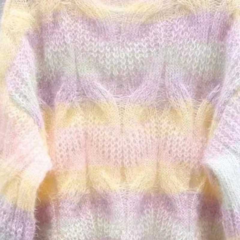 Womens Harajuku Pink Rainbow Striped Hollow Cable Knit Thick Sweater Long Sleeve Round Neck Knitwear Pullover Jumper Top M250904