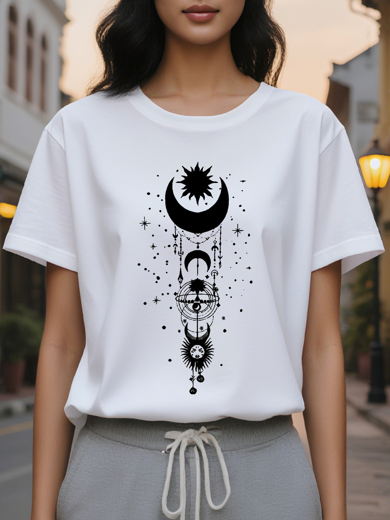 Ladies Celestial Body Pattern T Shirt Black White Sun Moon Star Printing Slim Short Sleeve Round Neck Casual
