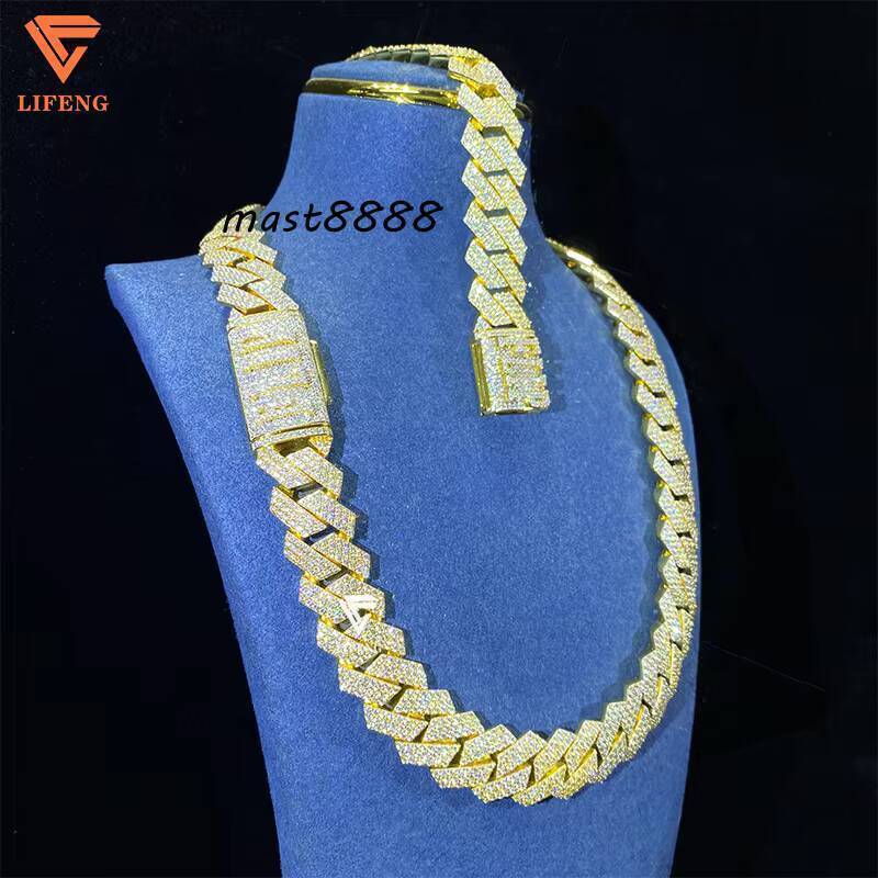 18mm 3Row Gold Plated 925 Silver Cuban Link Chain Iced Out VVS Moissanite Diamond Necklace Charm Clasp Jewelry Making Accessory