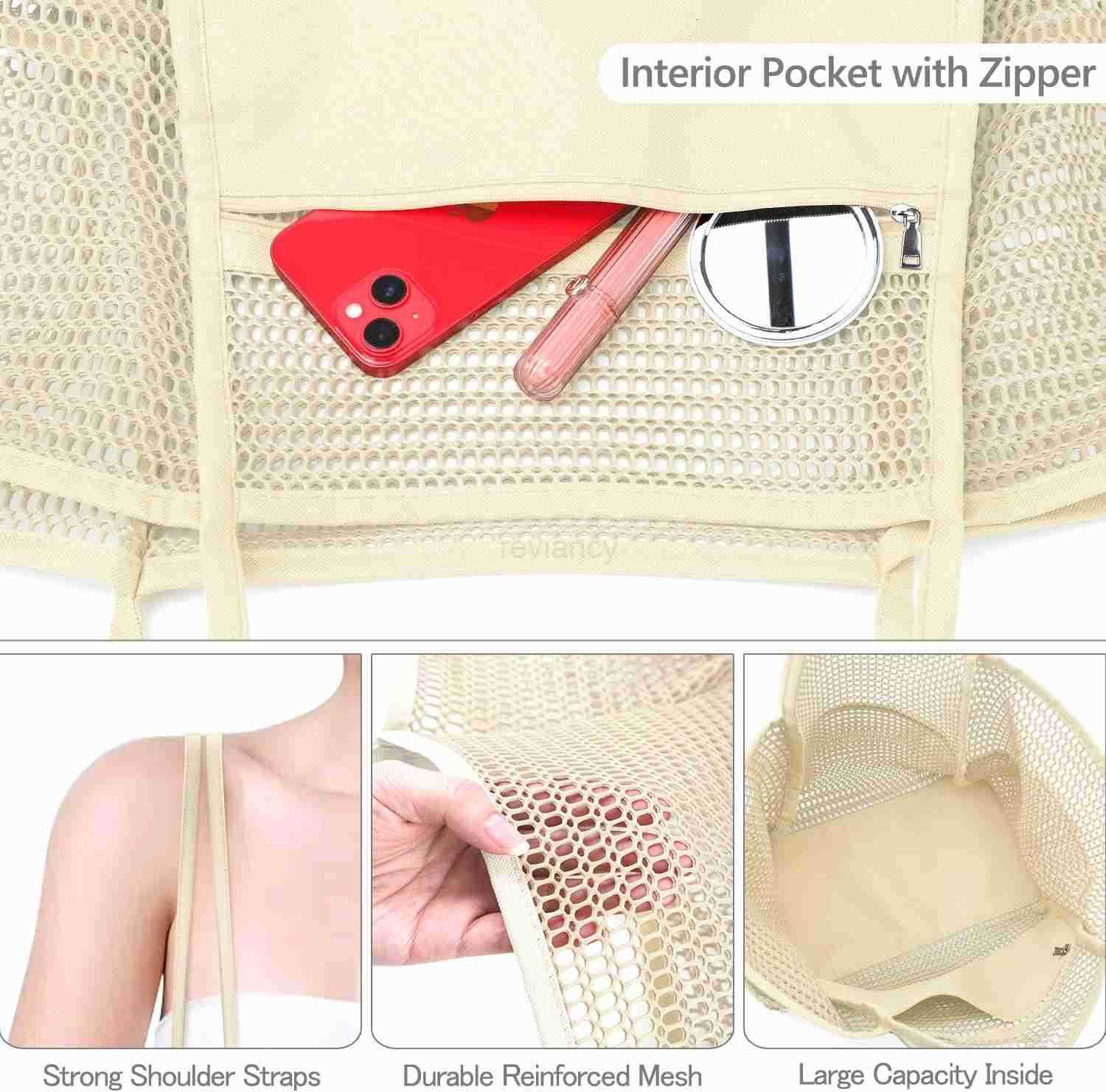 Mesh Beach Bag Tote Bag for Women Foldable Swim Large Beach Tote Bag with Zipper Pockets Waterproof SandproofW250904