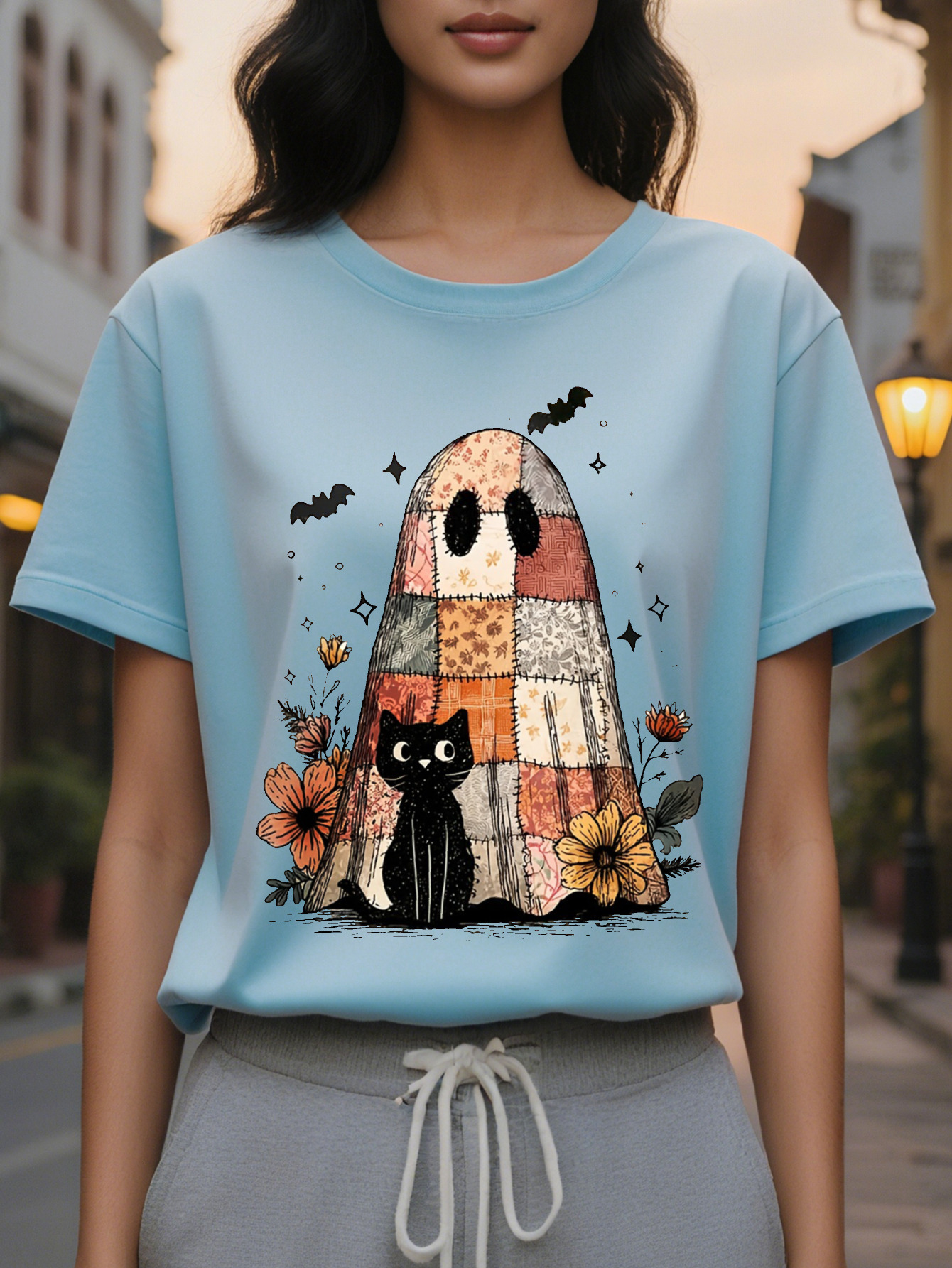 Large XL Women's Halloween Graphic Print Sweatshirt Casual Round Neck Pullover with Spooky Ghosts Bats Black Cat Design Cozy Plus Size