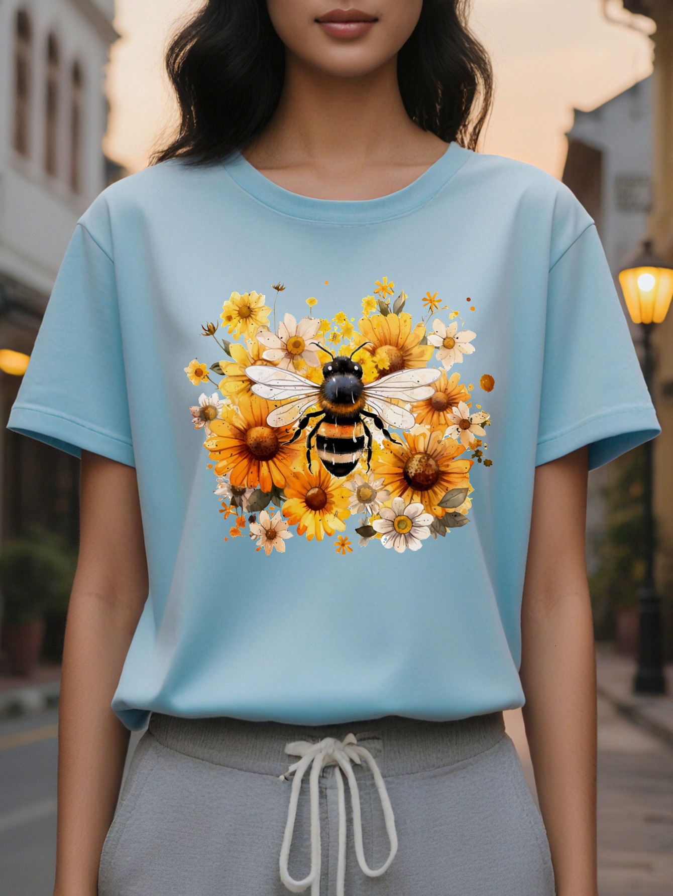 Women s Bee Flower Print Sleeve T Shirt Elegant Round Neck Casual Top Medium Elastic Washable Comfortable Regular Fit