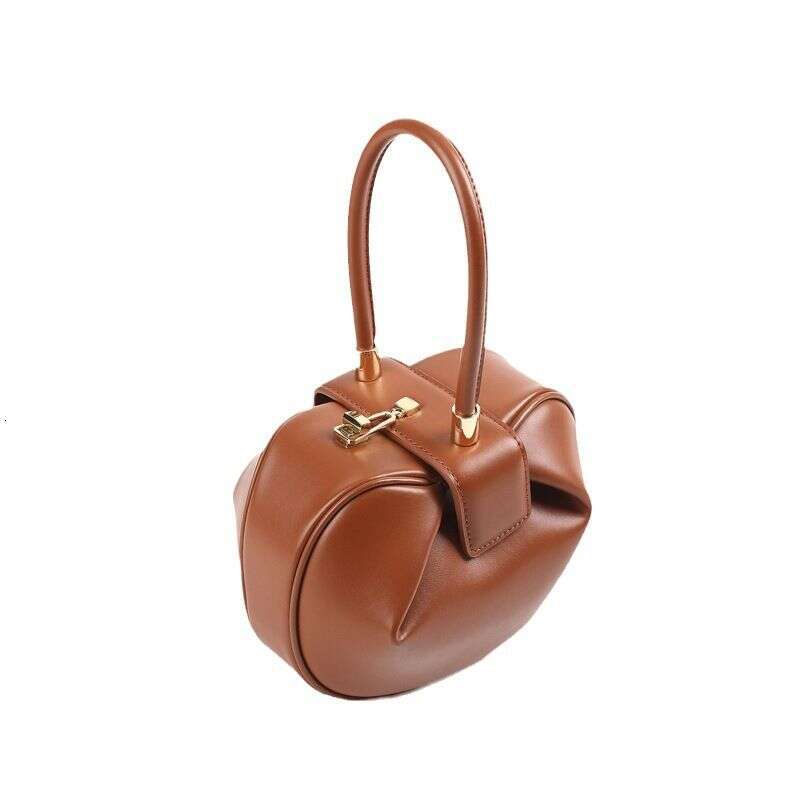 Handbag, High-End Genuine Leather Women's Niche Design, Simple, Fashionable, Retro, Wonton Dumplings, Wontons, Round Bag, Shoulder Bag