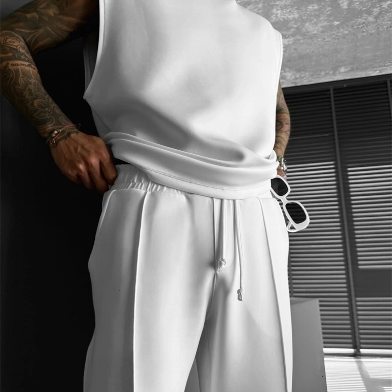 summer sleeveless sports suit 2025 mens casual solid color trousers mens clothing vest twopiece set 250903