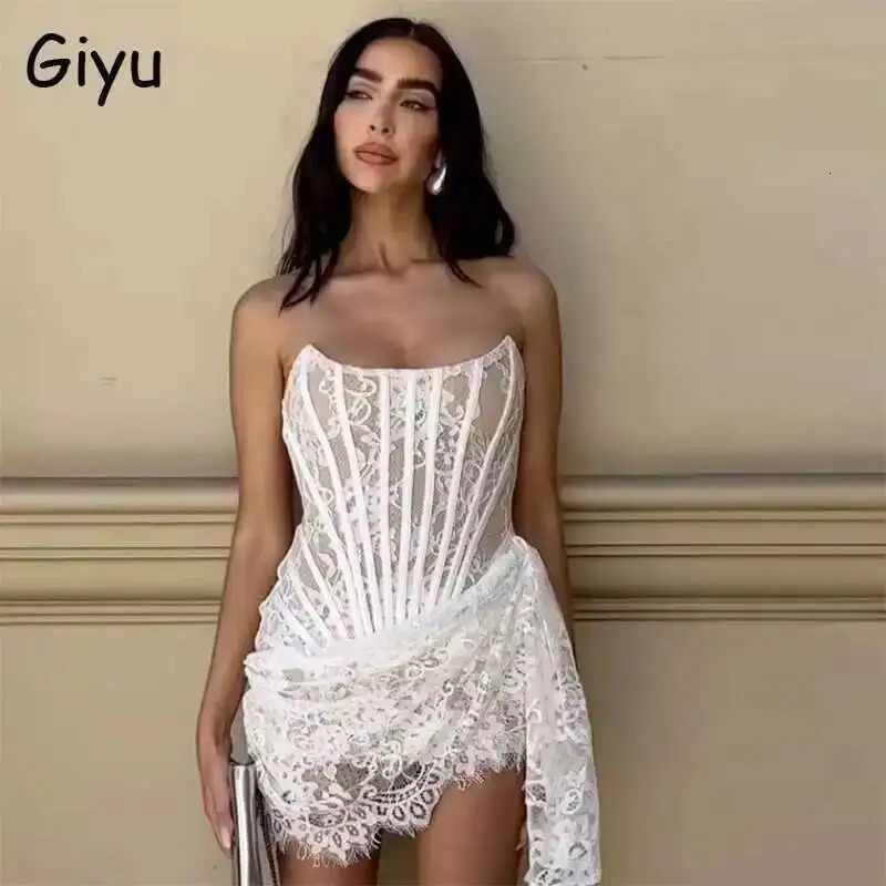 Giyu Women Sexy Strapless Lace Corset Mini Dress 2025 Summer Sleeveless Laceup Blackless Bodycon White Dresses Club Party Robe250903