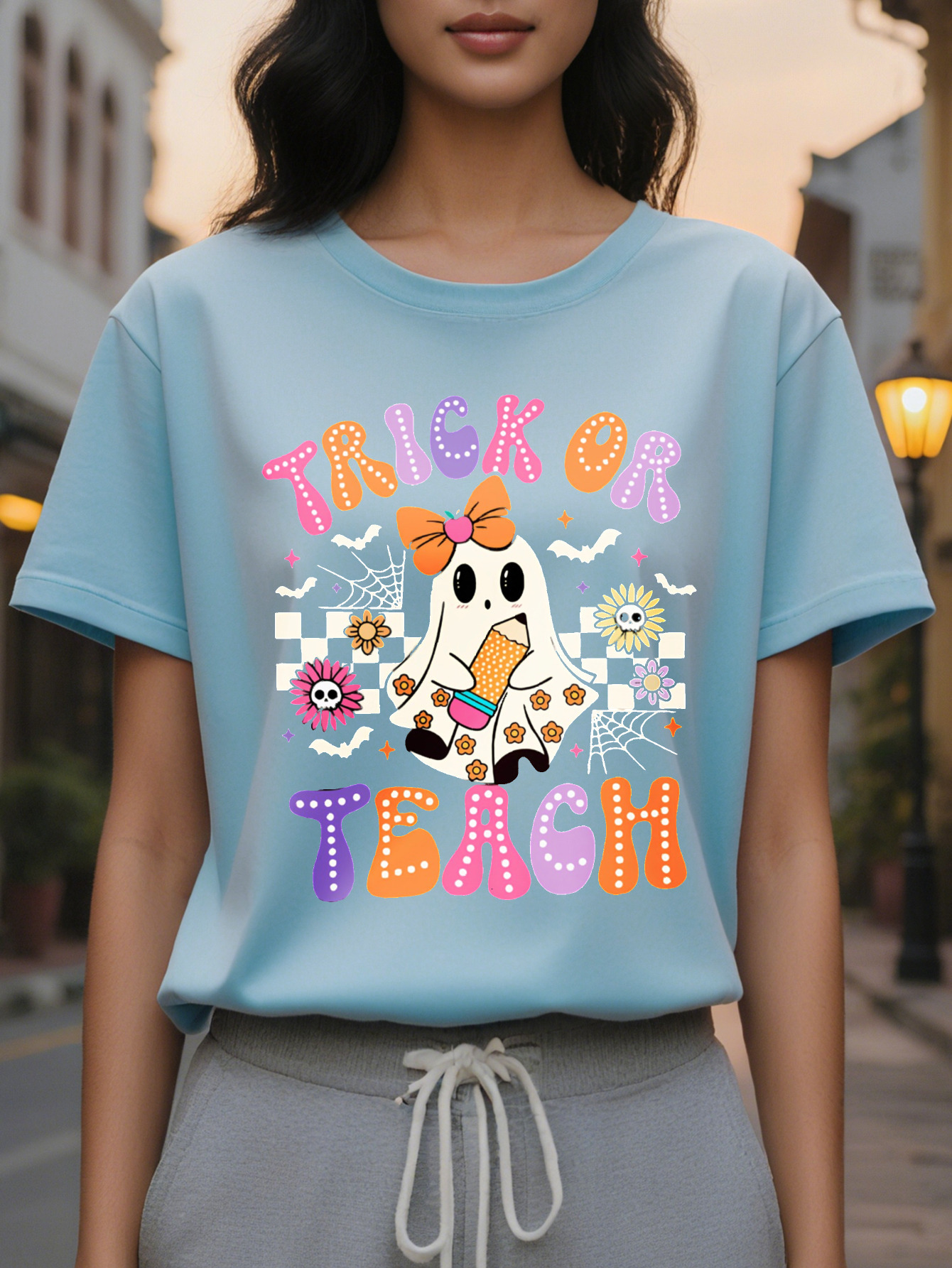 Women's Halloween Banter or Teach Print T-Shirt Cotton Casual Round Neck Short Sleeve Top for Spring Summer