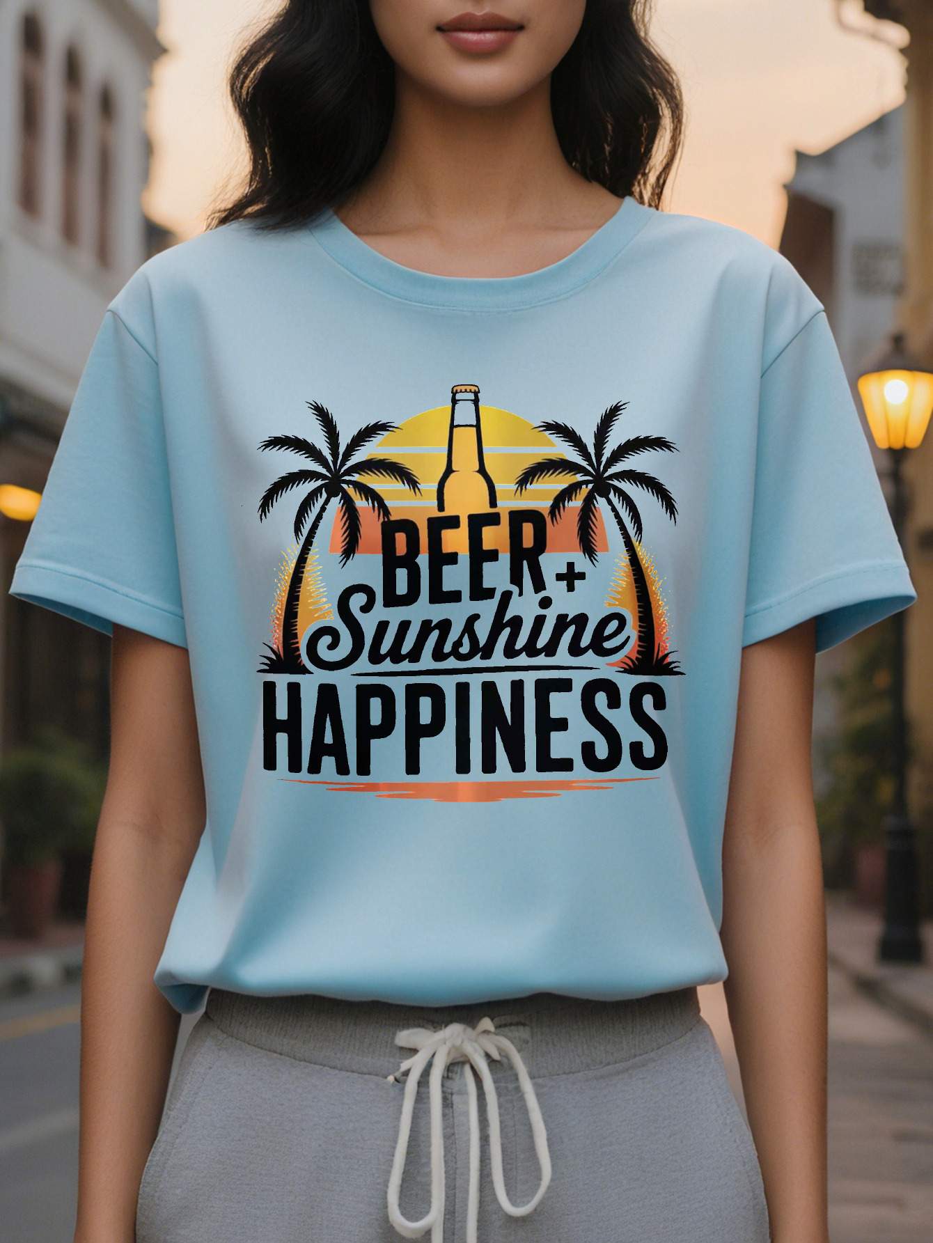 Scoop Neck Cotton Blend Yellow Beach XL XXL Ladies' Female Shirt