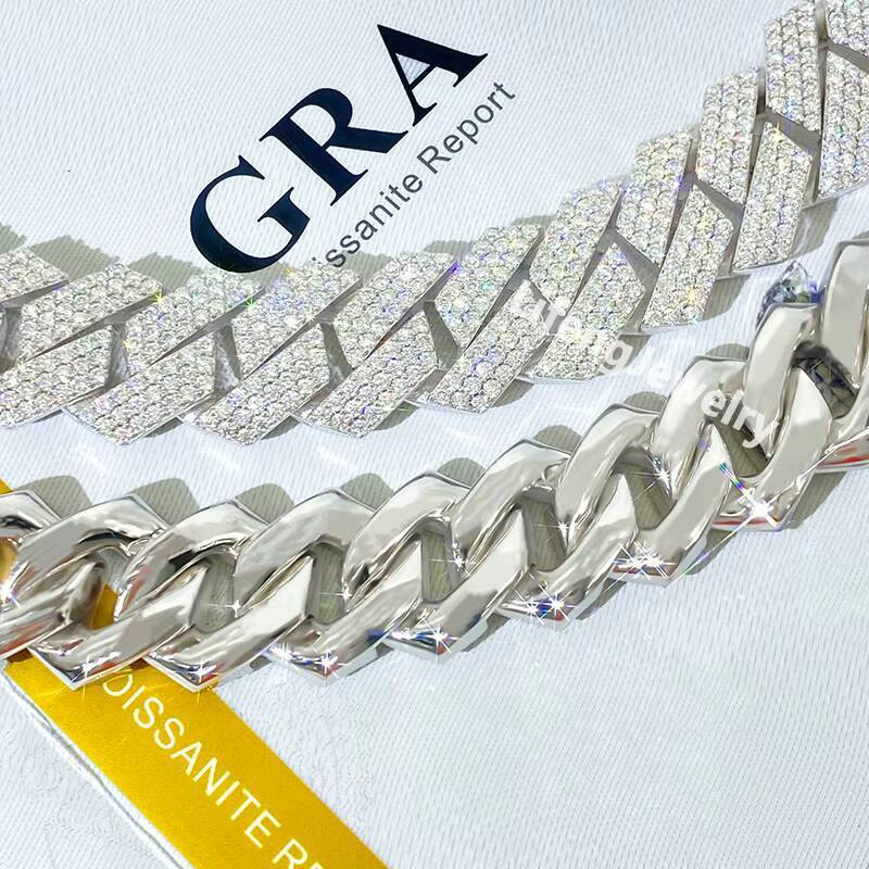 925 Silver Miami Style Hip Hop Necklaces for Men 15mm 3Row White Gold Plated Cuban Link D VVS1 Moissanite Cuban Link Moissanite