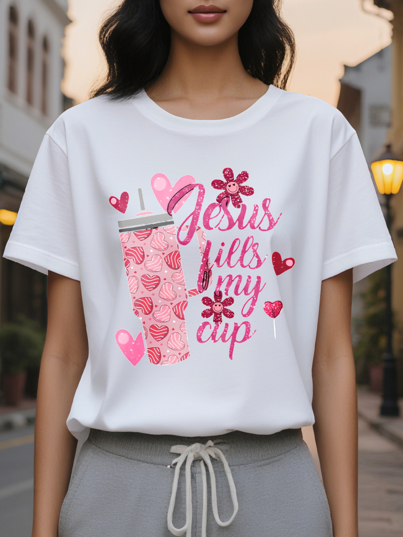 Valentine Jesus Fills My Cup Printed T-shirt Short Sleeve Round Neck Casual Top Summer and Spring Women