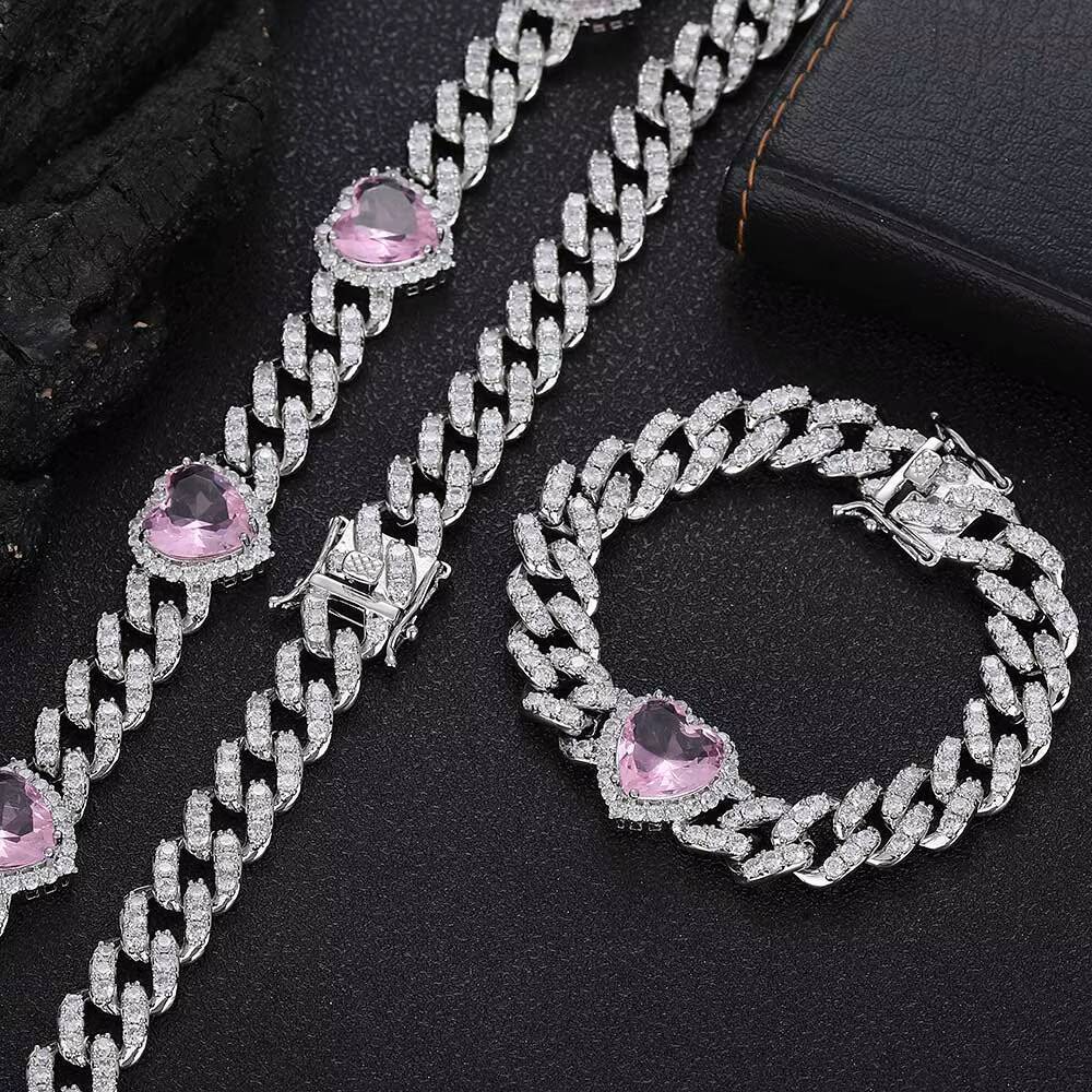 NUOYA 10mm Single Row Cuban Chain Bracelet Iced Out Pink Heart Moissanite Stone Silver Plated Prong Cuban Link Chain Gift for Women