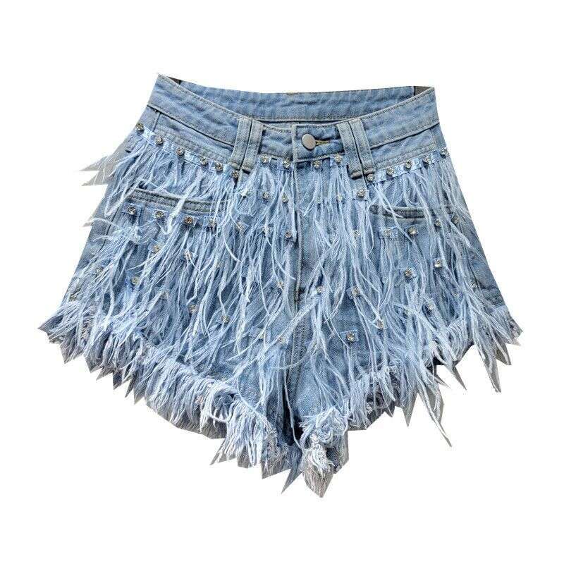 Women's Clothing New Heavy Dia Ostrich Feather Design Slim Tassel Fashionable Versatile Denim Shorts